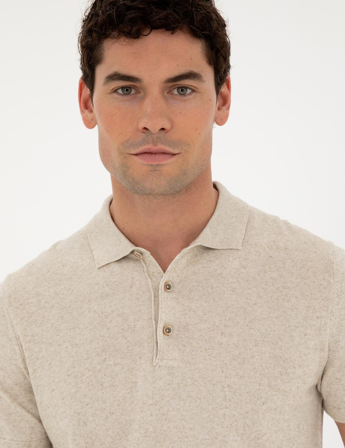 Bej Slim Fit Düğmeli Polo Yaka Keten Karışımlı Triko Tişört - 50288161009