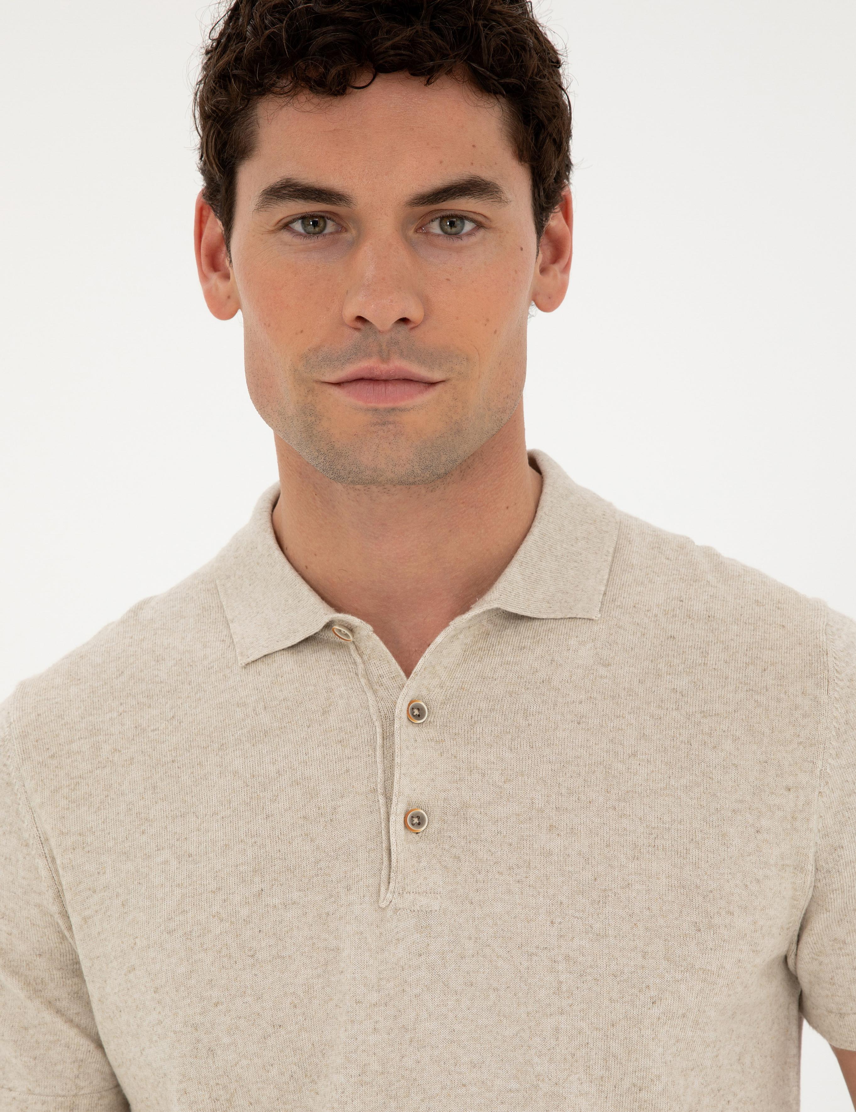 Bej Slim Fit Düğmeli Polo Yaka Keten Karışımlı Triko Tişört