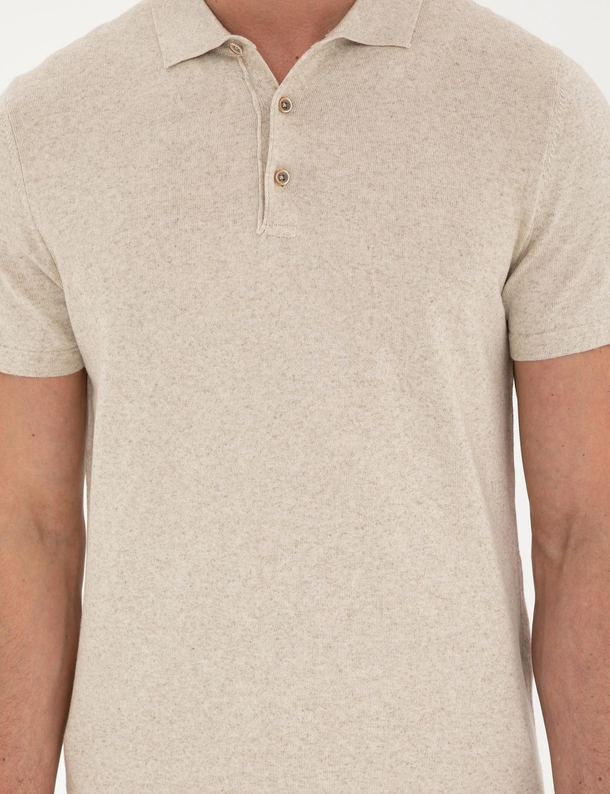 Bej Slim Fit Düğmeli Polo Yaka Keten Karışımlı Triko Tişört - 50288161009