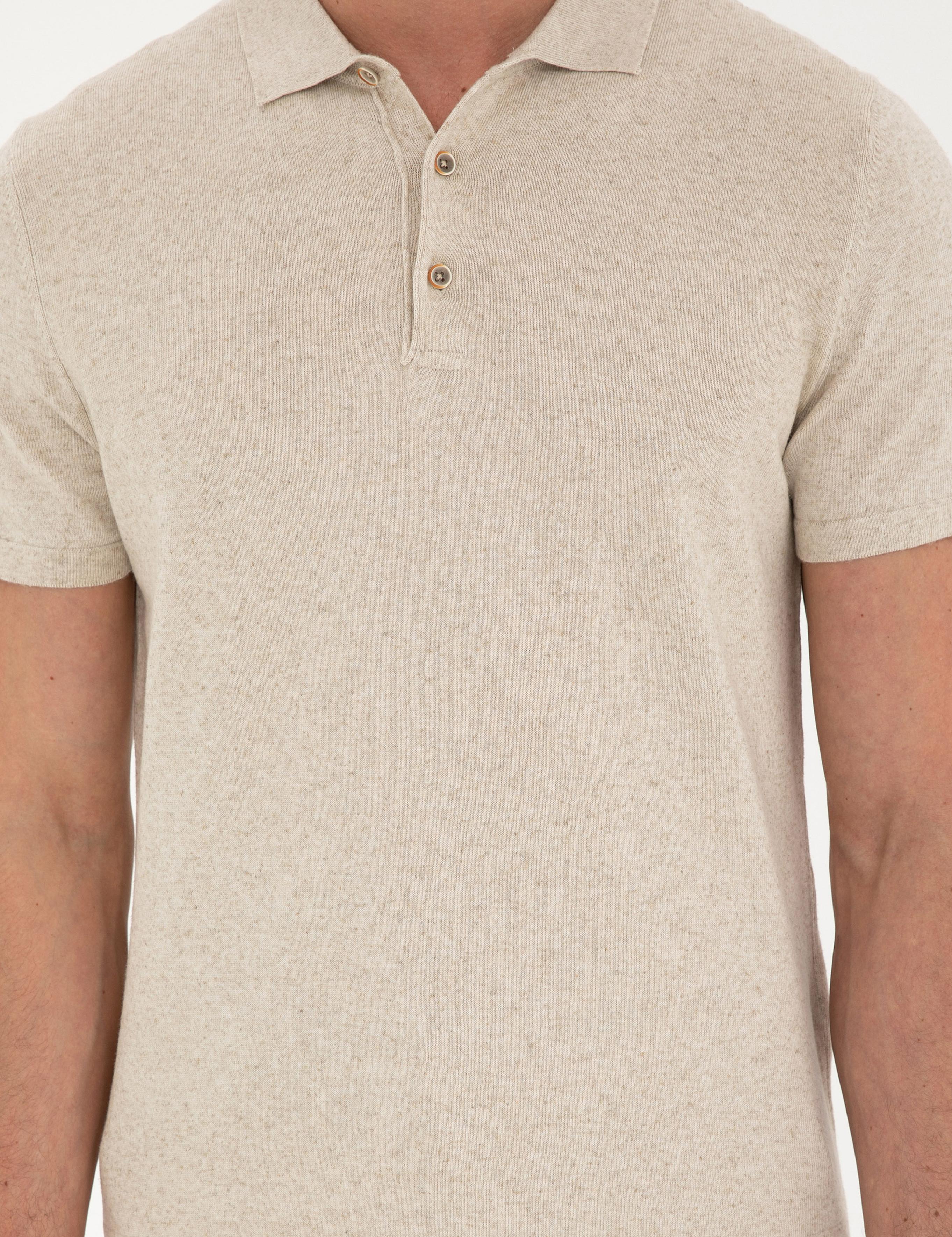 Bej Slim Fit Düğmeli Polo Yaka Keten Karışımlı Triko Tişört