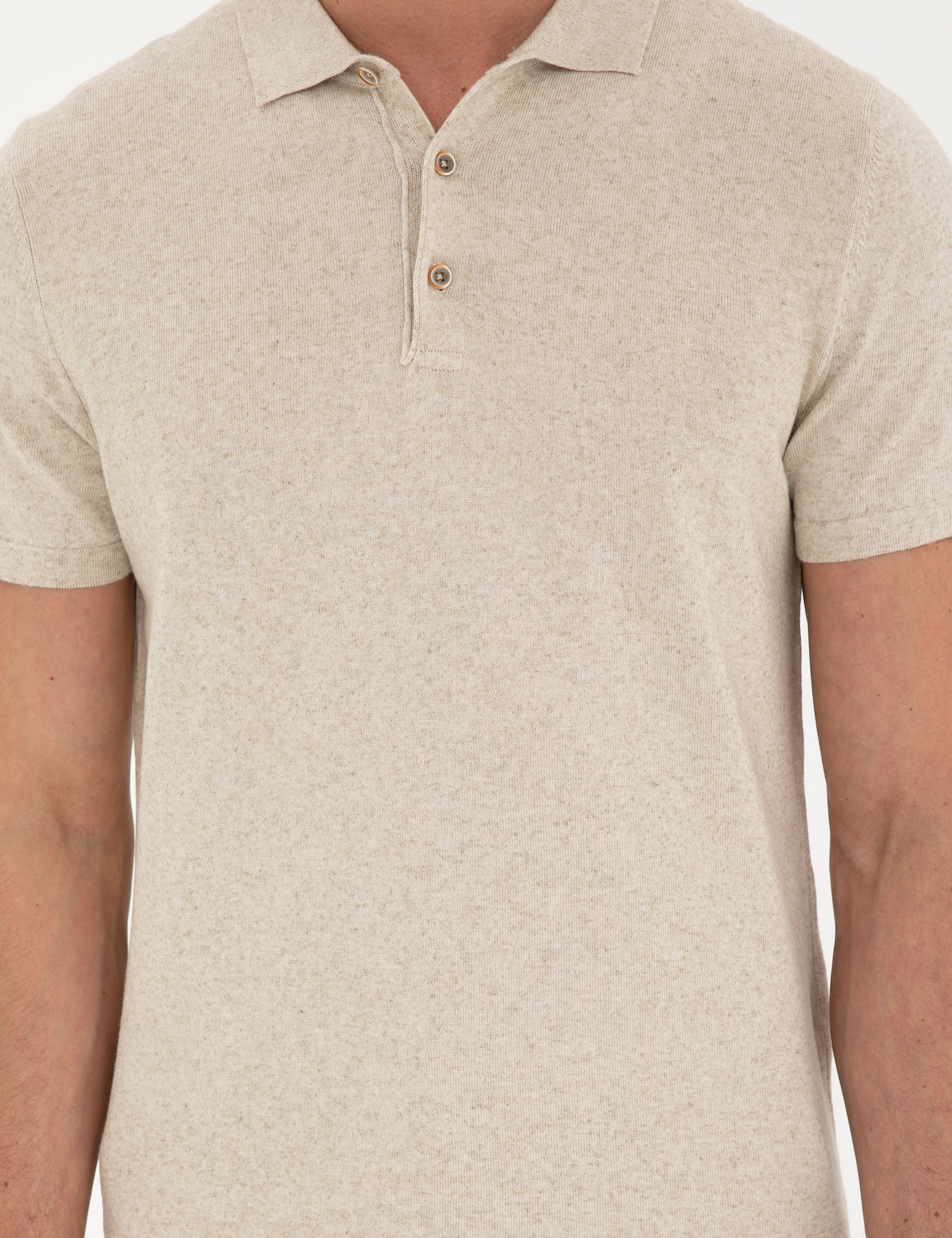 Bej Slim Fit Düğmeli Polo Yaka Keten Karışımlı Triko Tişört