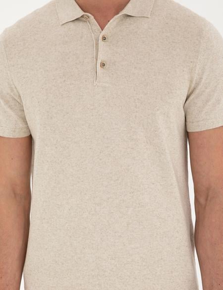 Bej Slim Fit Düğmeli Polo Yaka Keten Karışımlı Triko Tişört - 50288161009