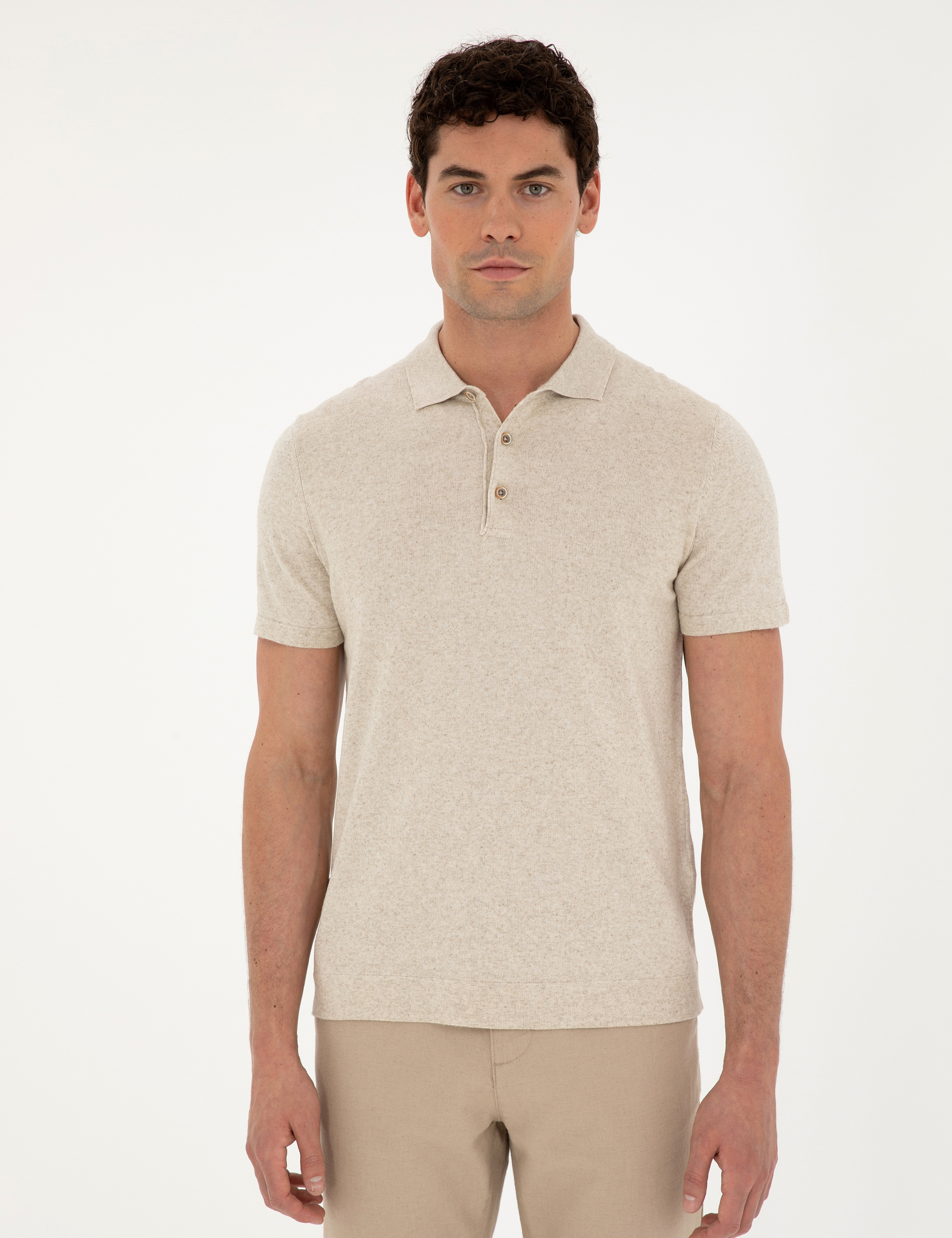 Bej Slim Fit Düğmeli Polo Yaka Keten Karışımlı Triko Tişört - Image 3
