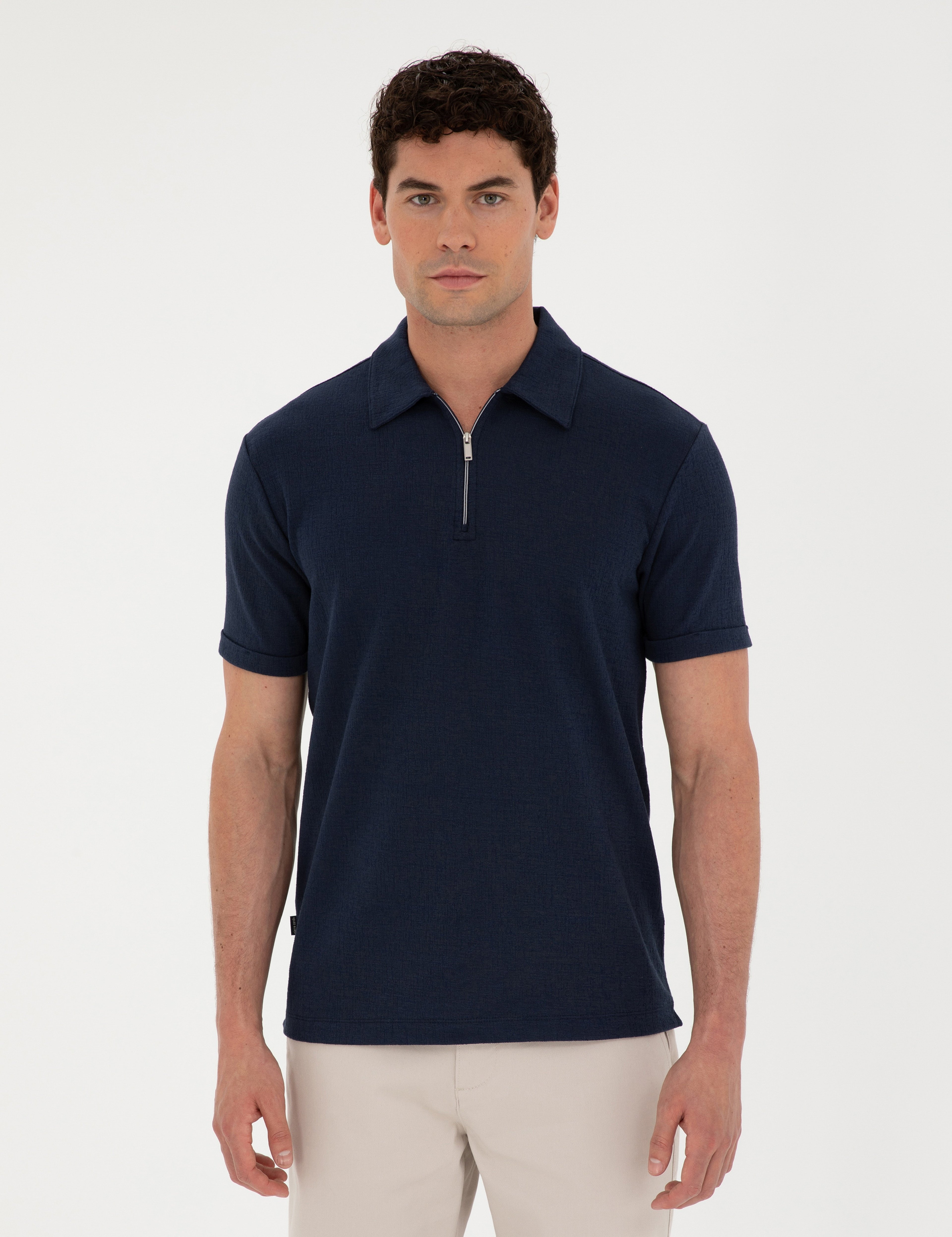 Lacivert Slim Fit Fermuarlı Polo Yaka Tişört - Image 1