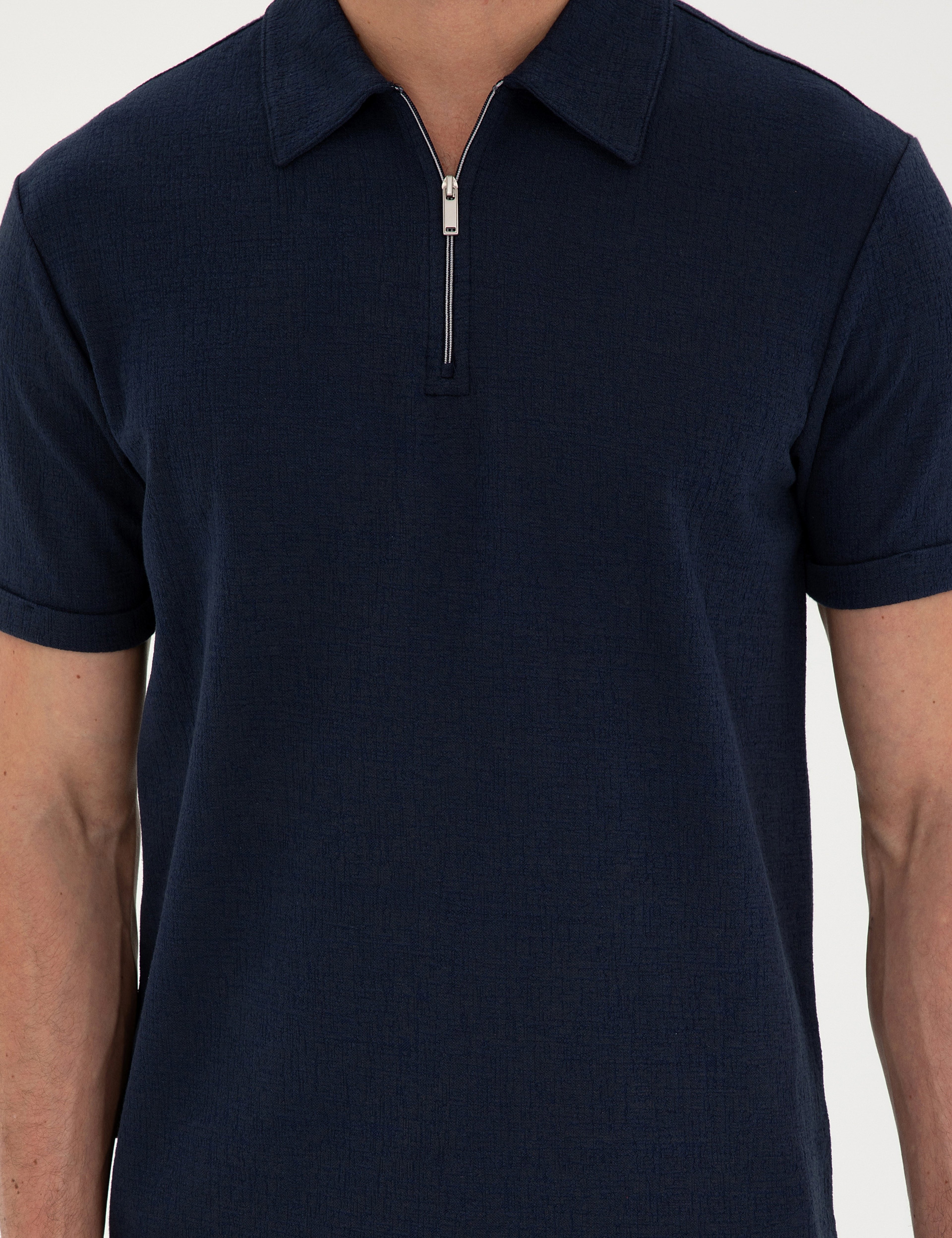 Lacivert Slim Fit Fermuarlı Polo Yaka Tişört
