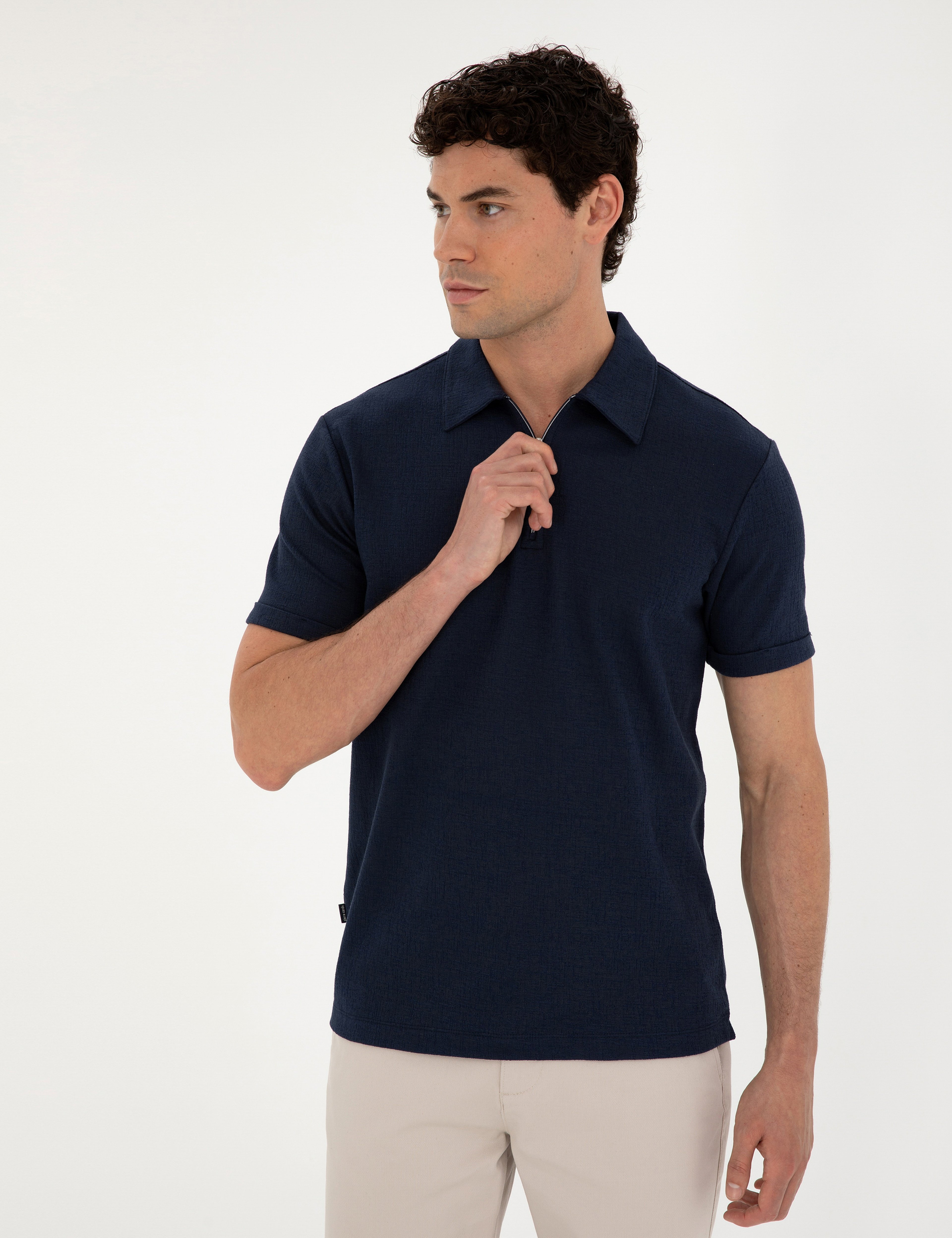 Lacivert Slim Fit Fermuarlı Polo Yaka Tişört