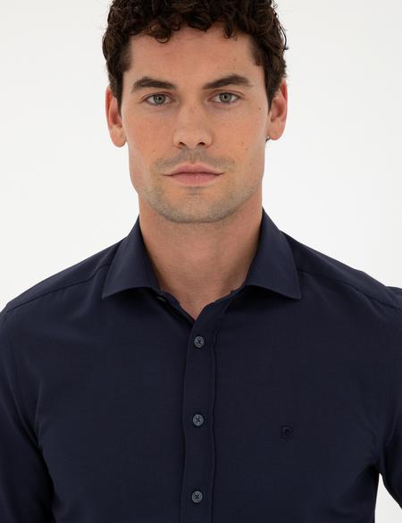Lacivert Slim Fit Armürlü Uzun Kollu Gömlek - 50289417010