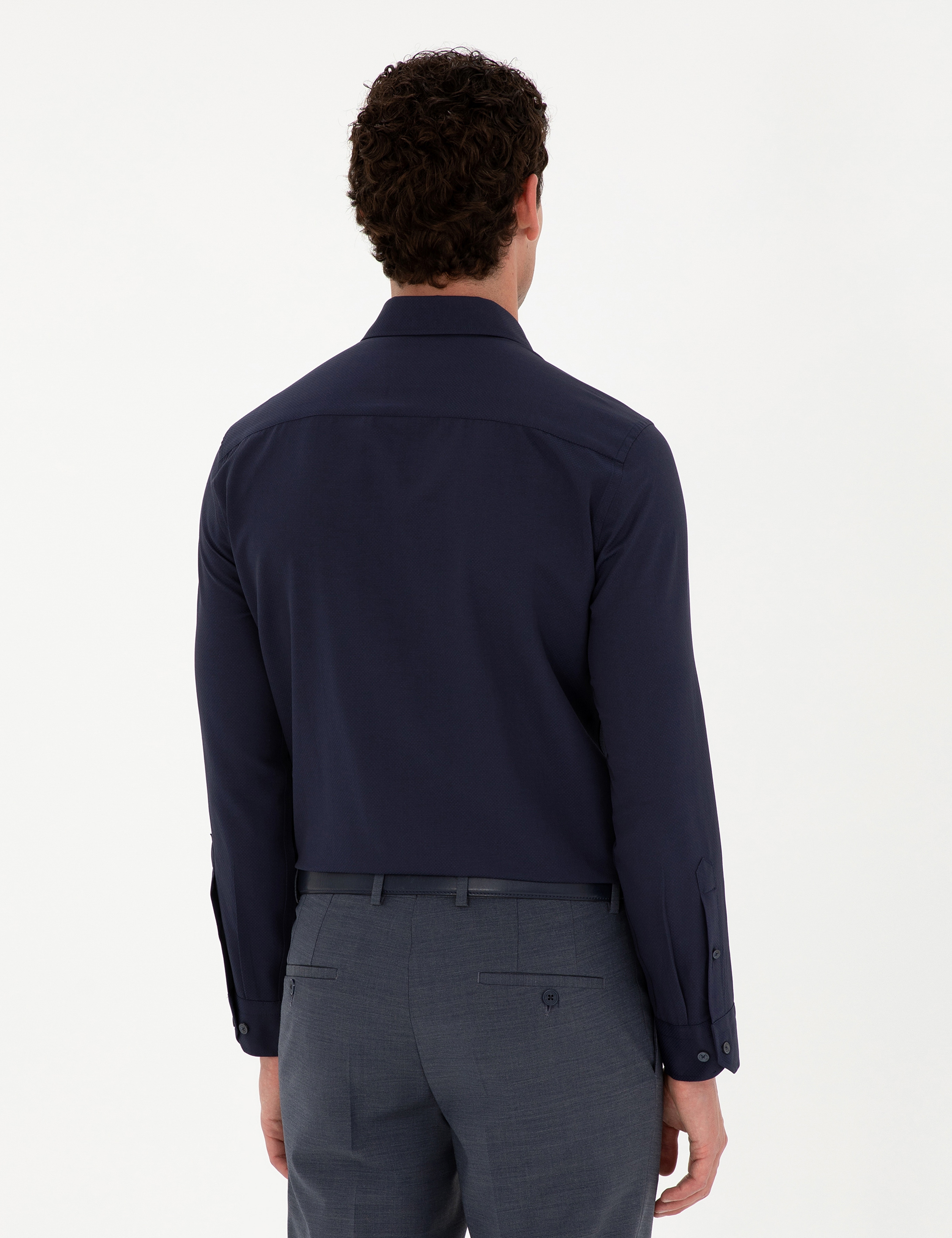 Lacivert Slim Fit Armürlü Uzun Kollu Gömlek - Image 5
