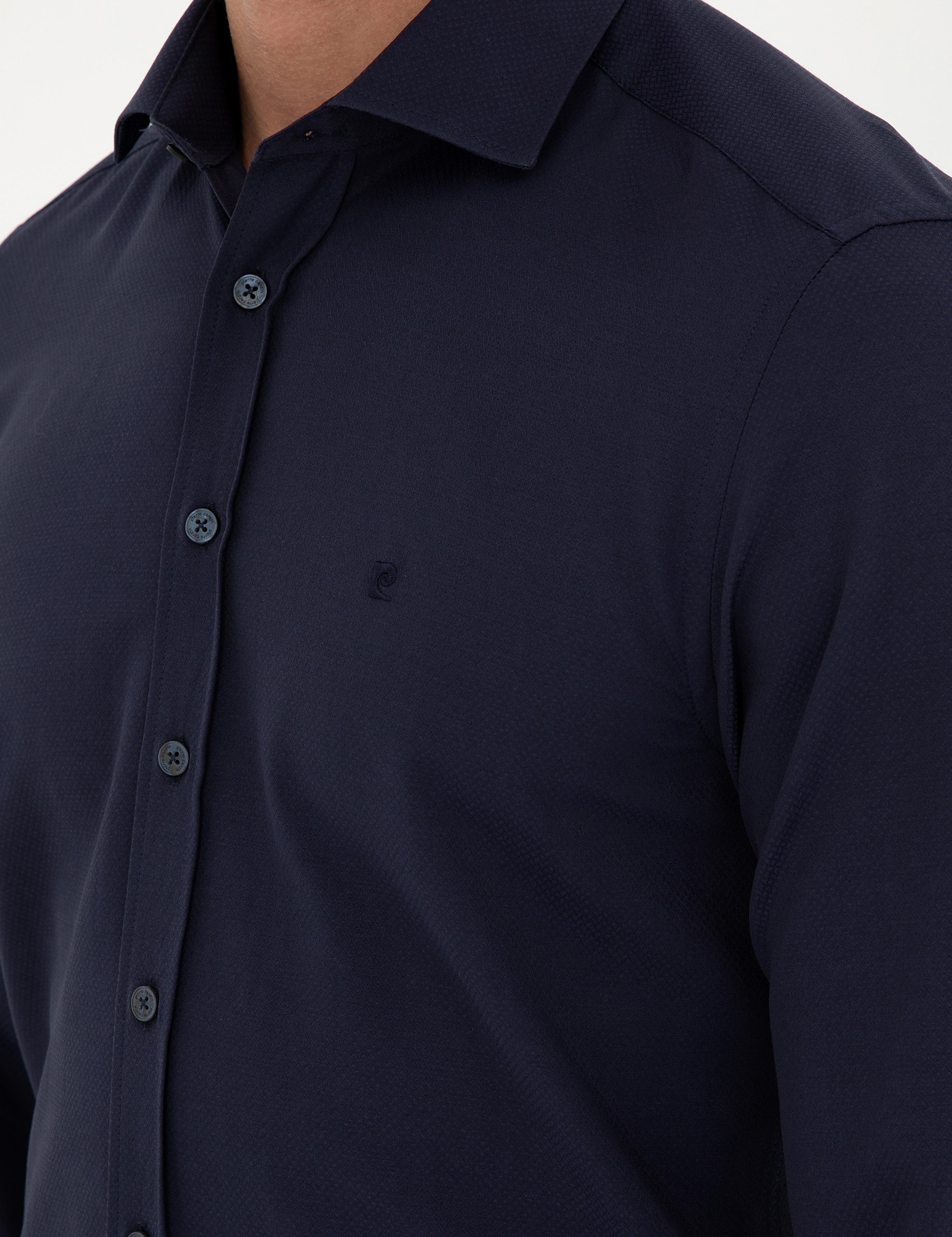 Lacivert Slim Fit Armürlü Uzun Kollu Gömlek