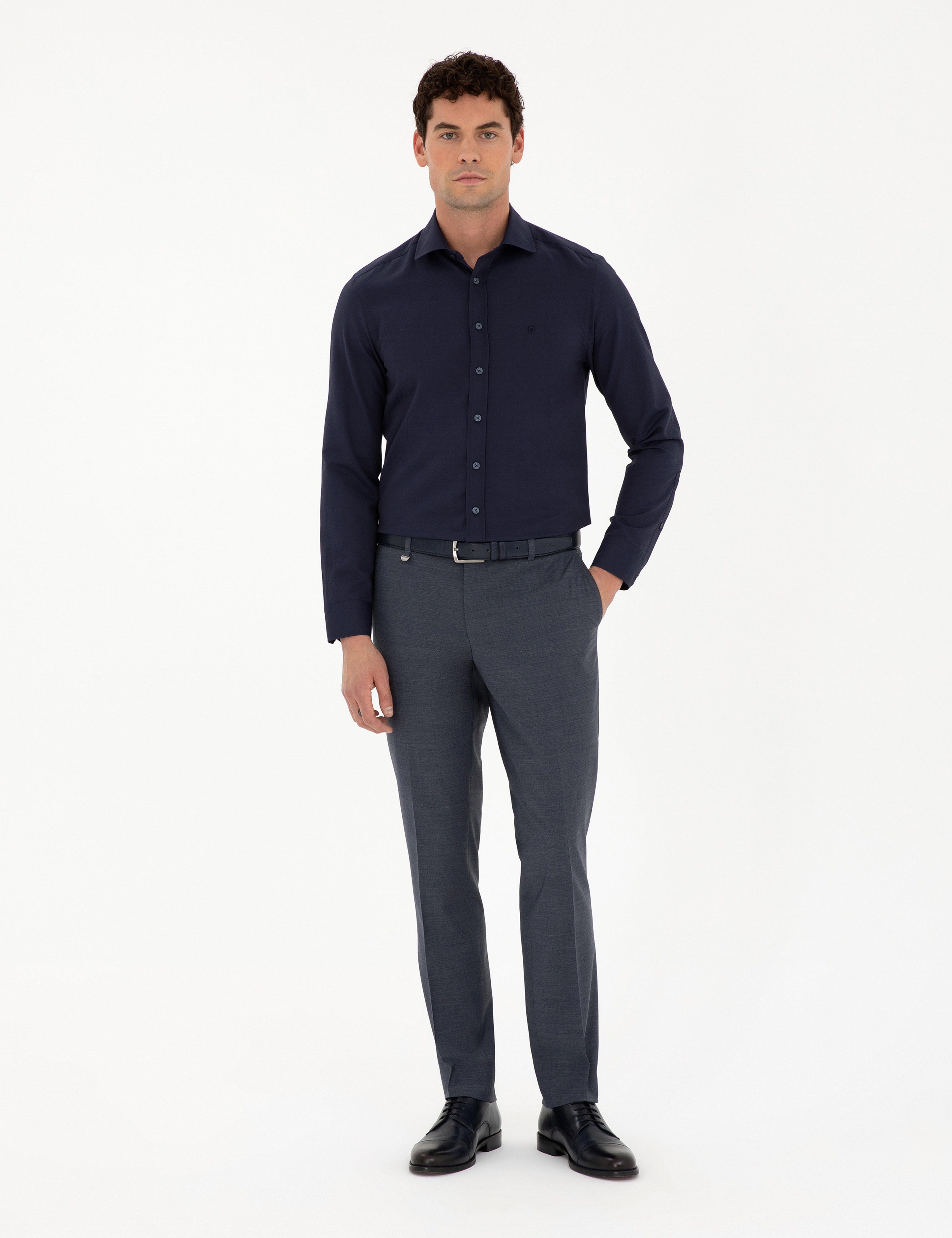 Lacivert Slim Fit Armürlü Uzun Kollu Gömlek - Image 4