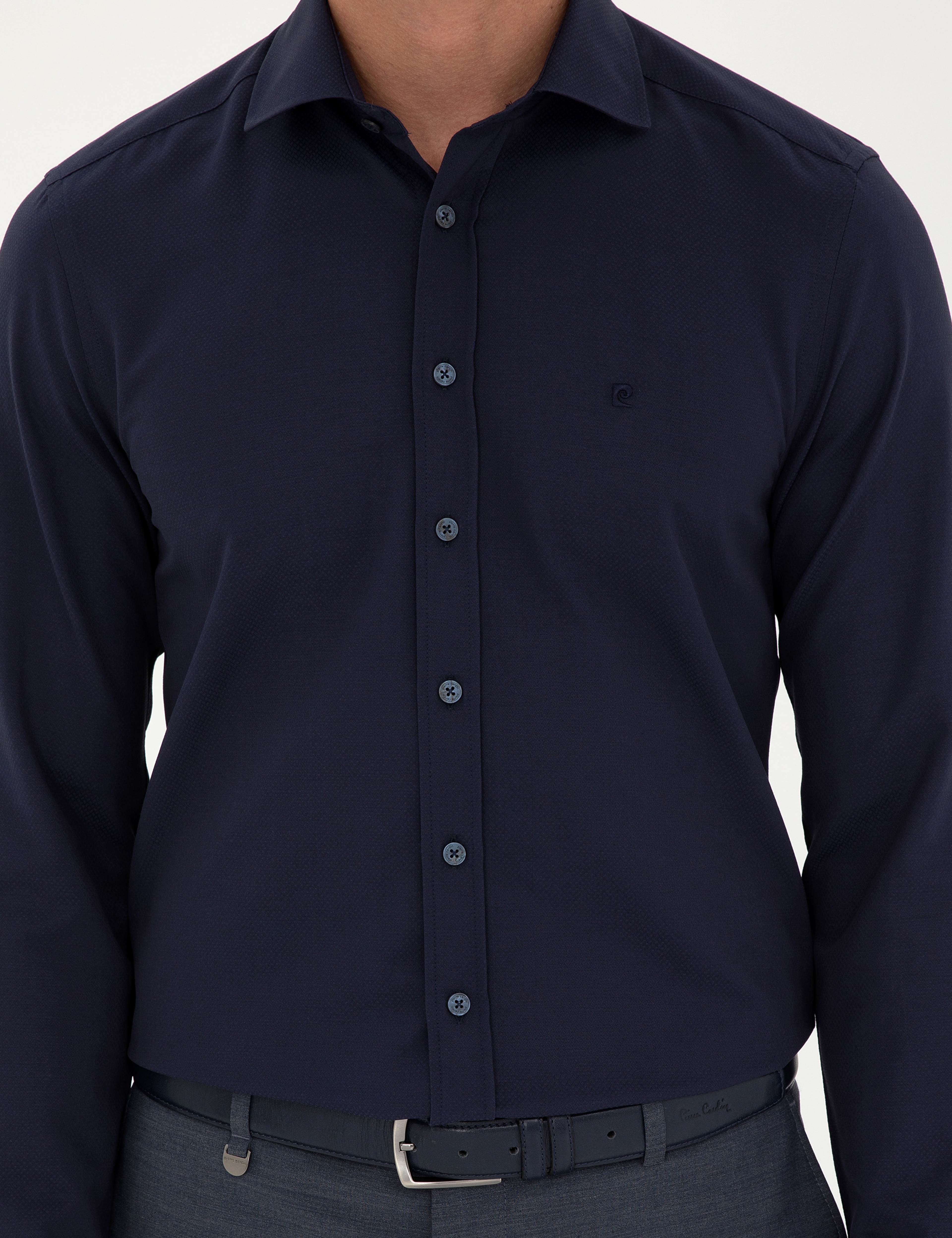 Lacivert Slim Fit Armürlü Uzun Kollu Gömlek - Image 6
