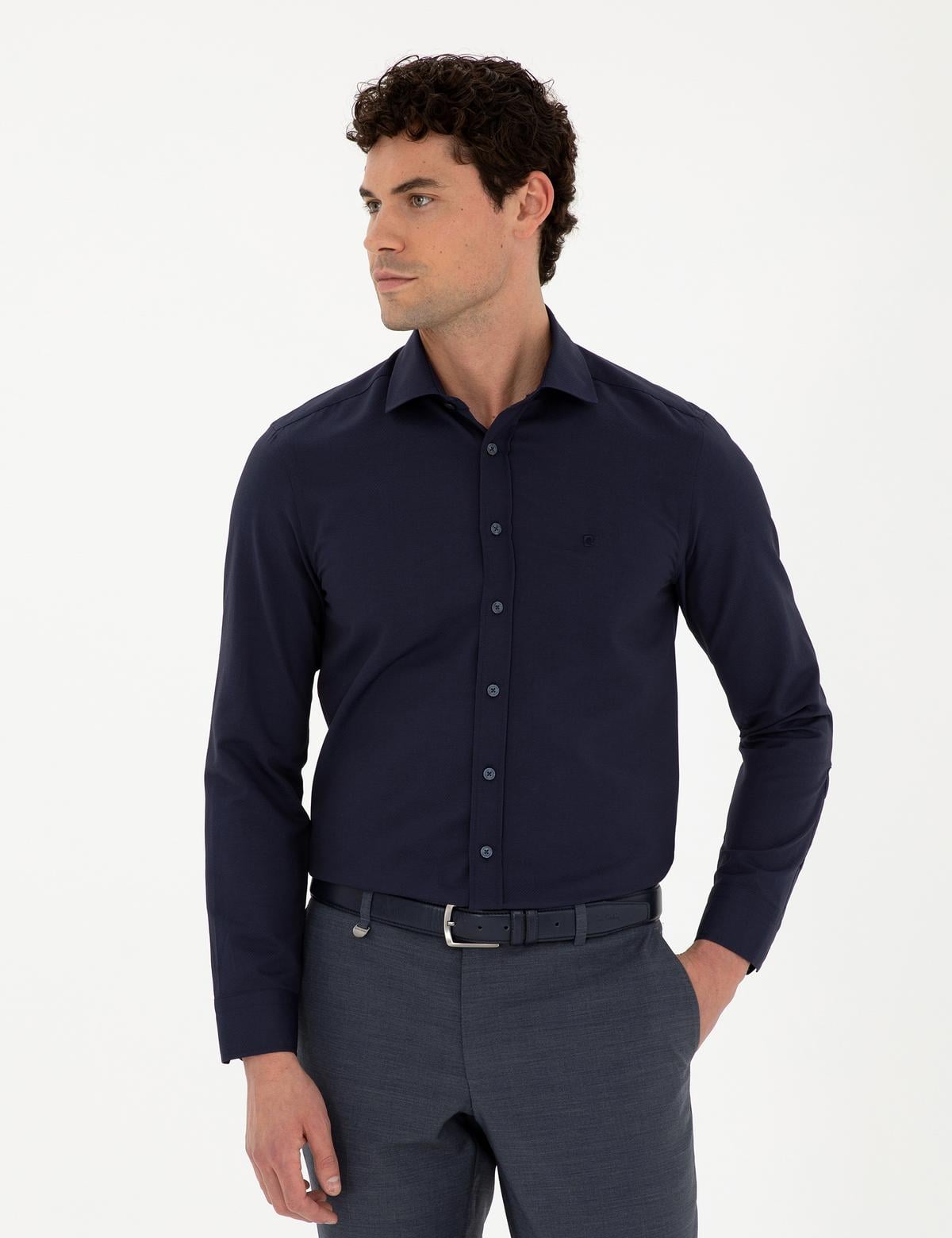 Lacivert Slim Fit Armürlü Uzun Kollu Gömlek