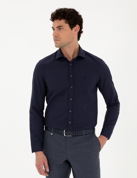 Lacivert Slim Fit Armürlü Uzun Kollu Gömlek - 50289417010