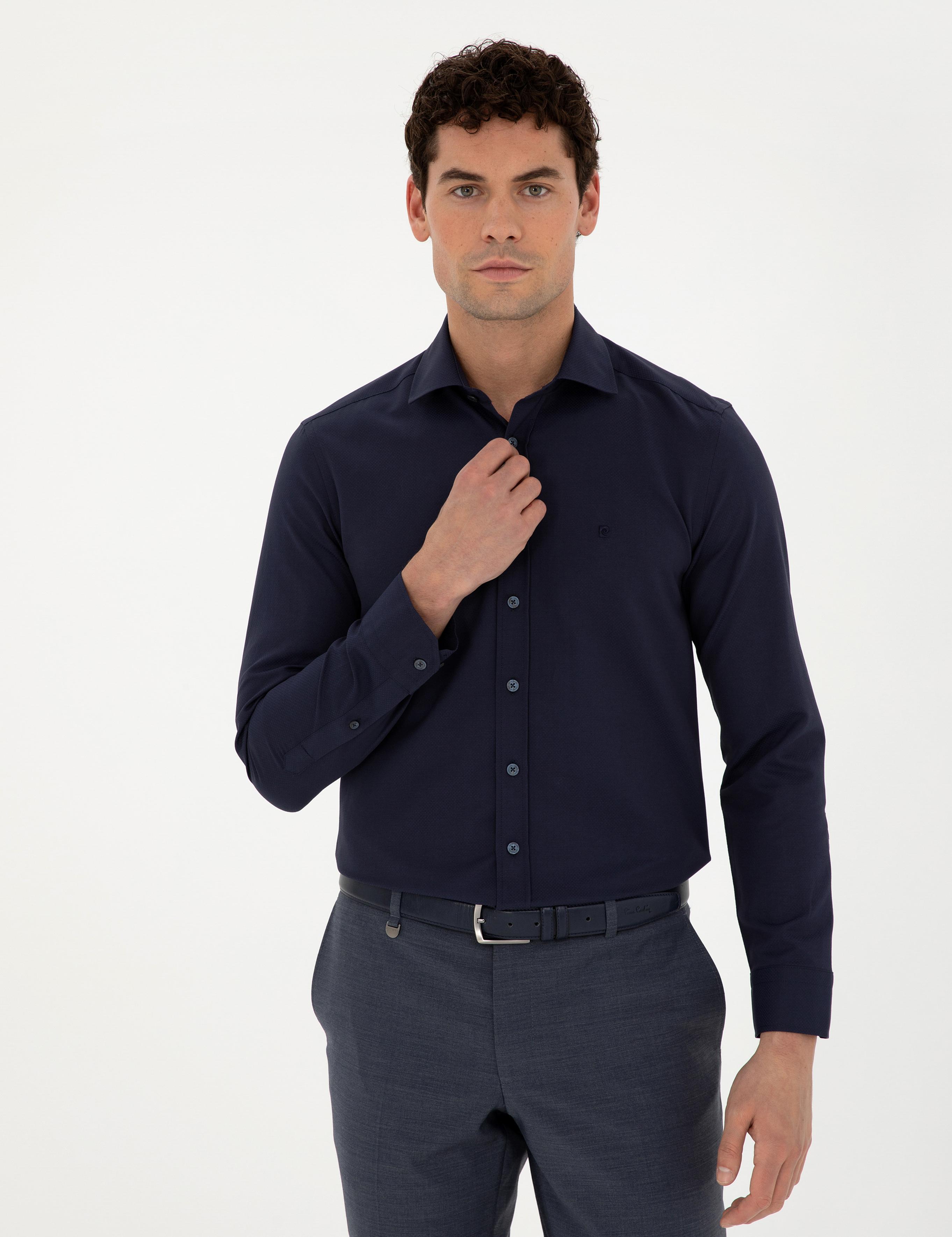 Lacivert Slim Fit Armürlü Uzun Kollu Gömlek