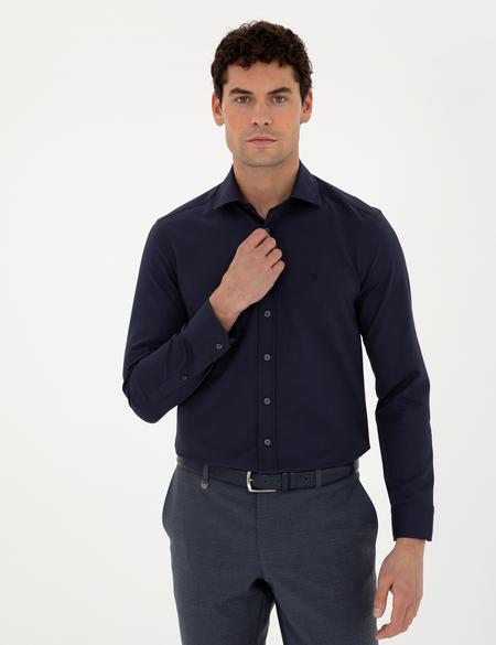 Lacivert Slim Fit Armürlü Uzun Kollu Gömlek - 50289417010