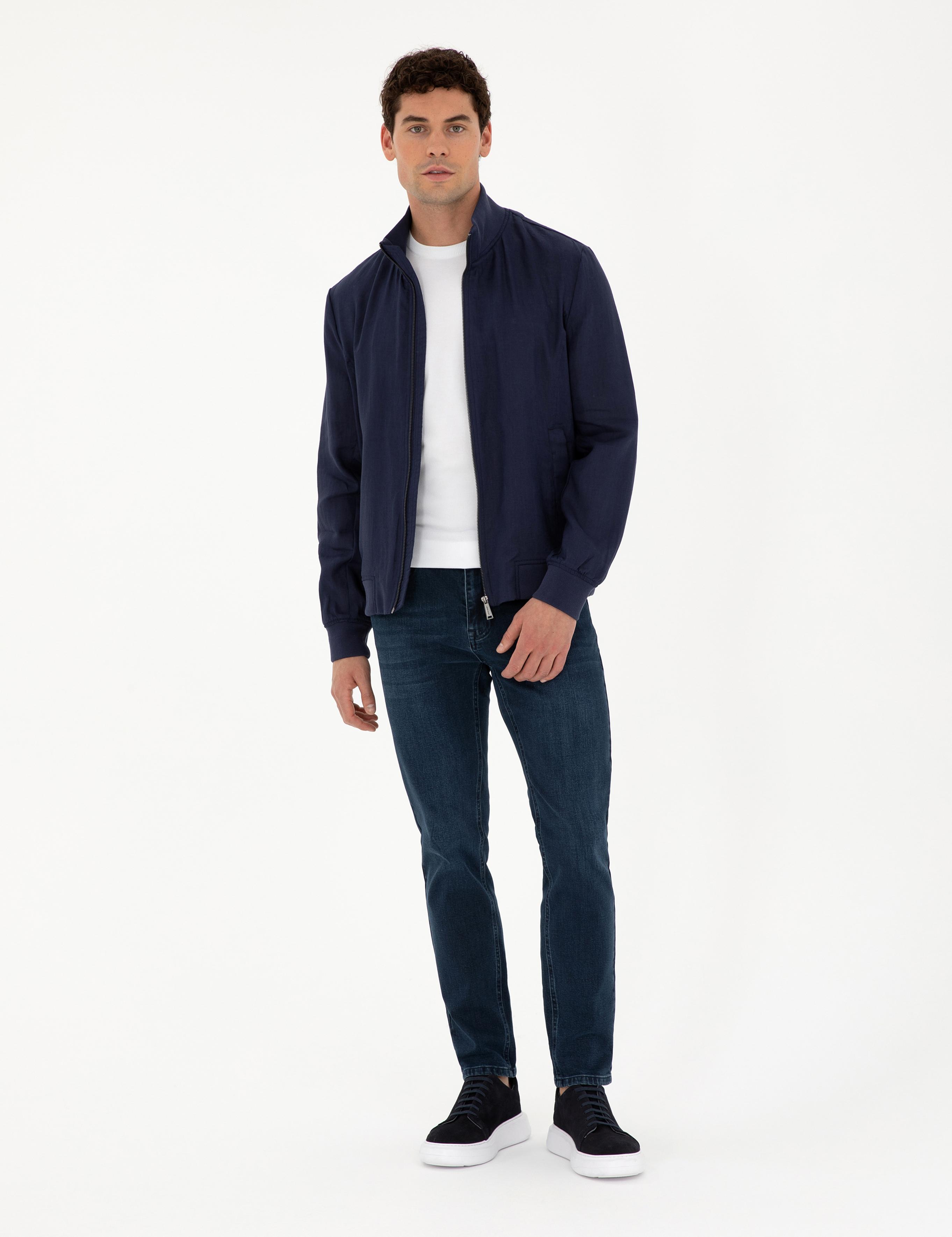 Lacivert Keten Baharlık Mevsimlik Mont