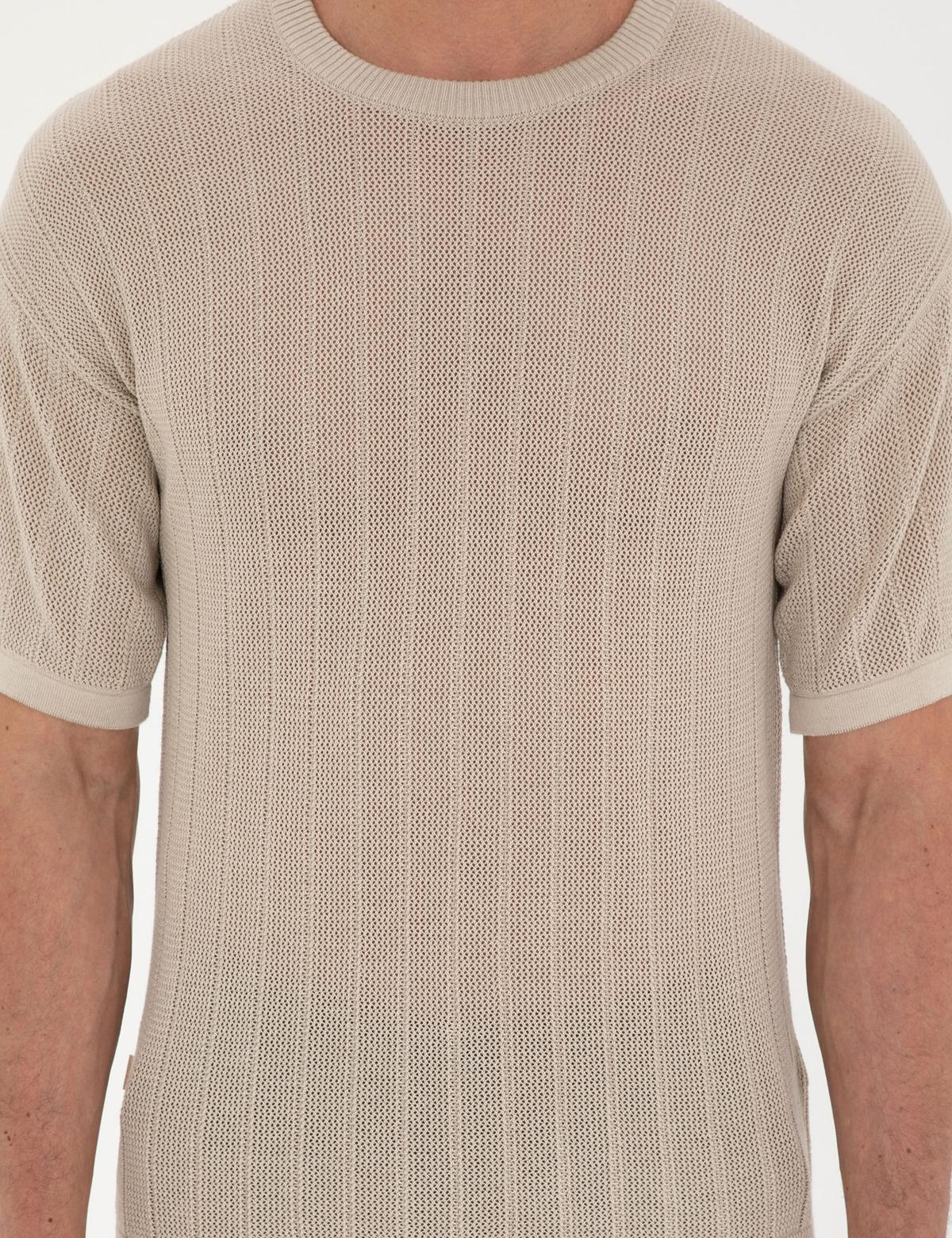 Bej Comfort Fit Bisiklet Yaka Triko Tişört - 50288119001