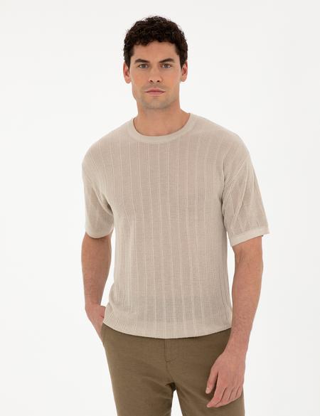 Bej Comfort Fit Bisiklet Yaka Triko Tişört - 50288119001