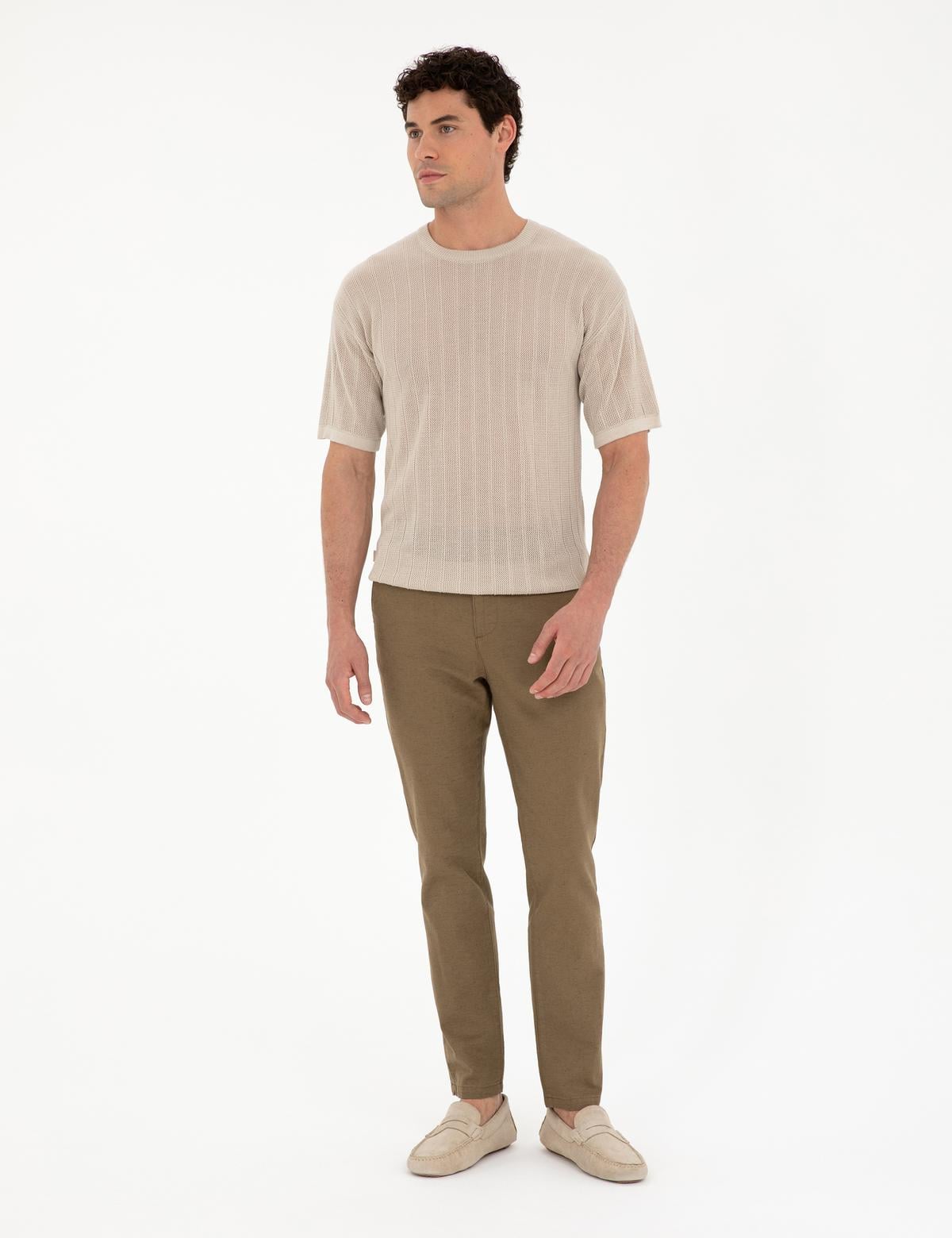 Bej Comfort Fit Bisiklet Yaka Triko Tişört - 50288119001