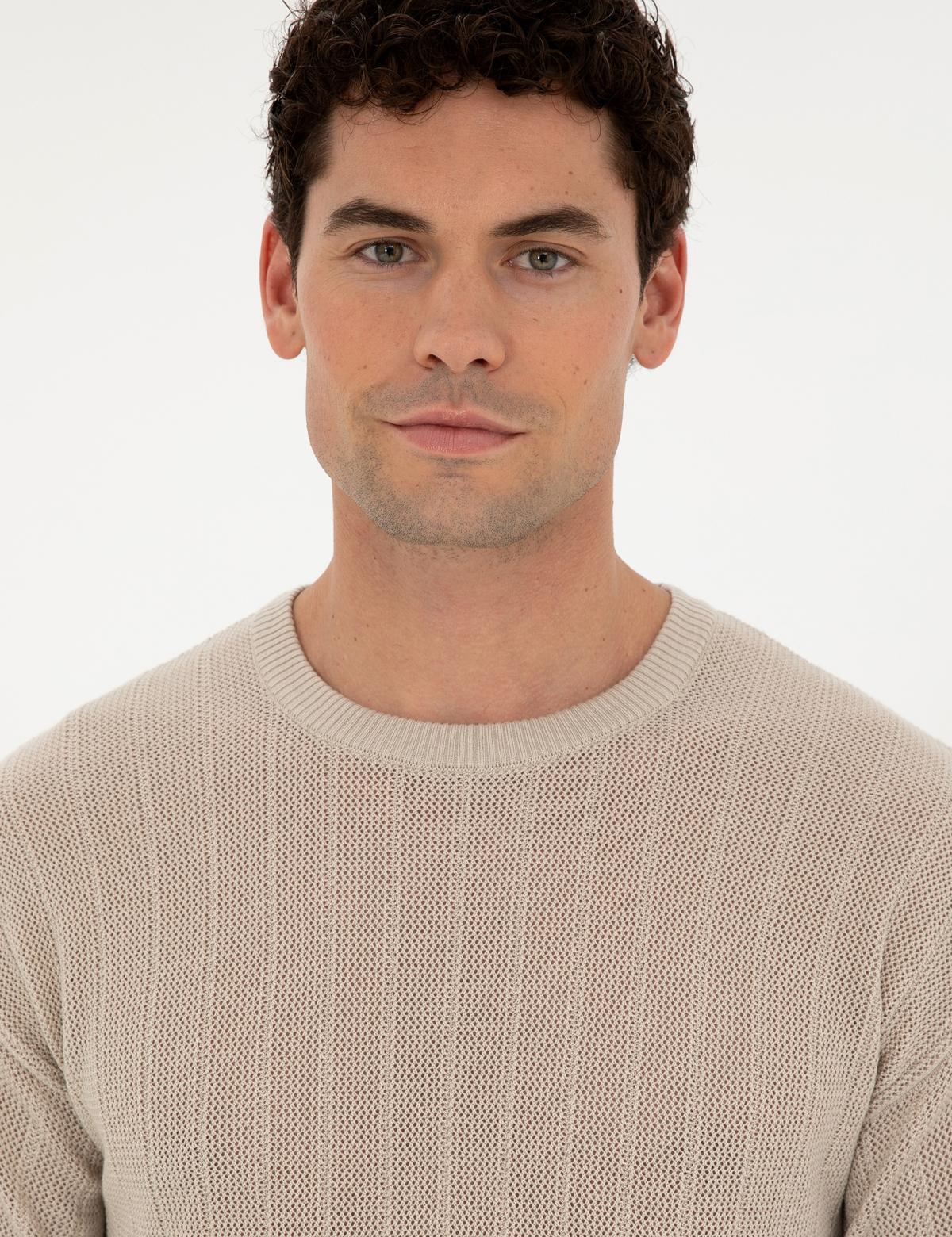 Bej Comfort Fit Bisiklet Yaka Triko Tişört - 50288119001