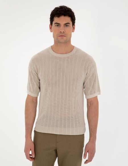 Bej Comfort Fit Bisiklet Yaka Triko Tişört - 50288119001