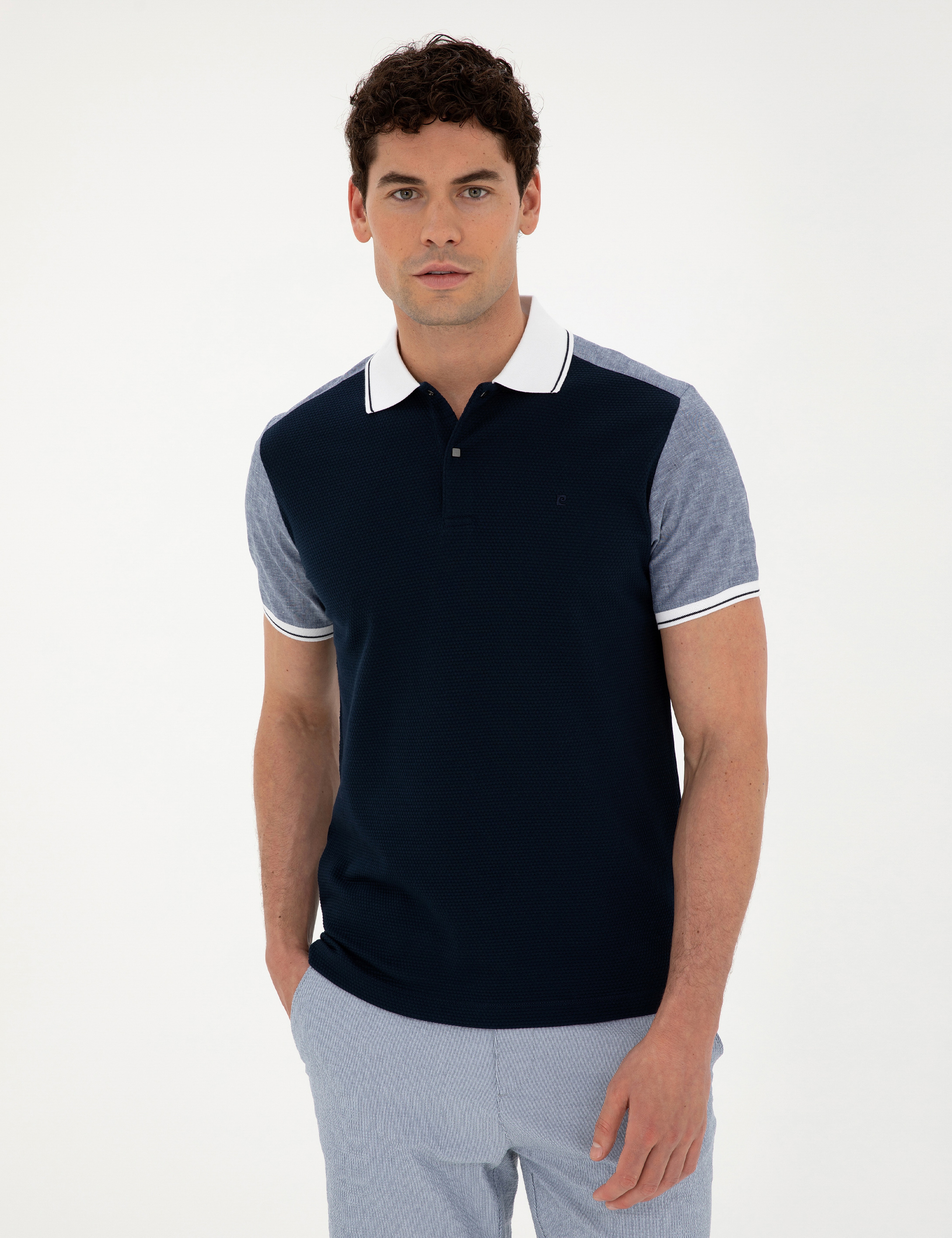 Lacivert Slim Fit %100 Pamuk Düğmeli Polo Yaka Tişört - Image 3