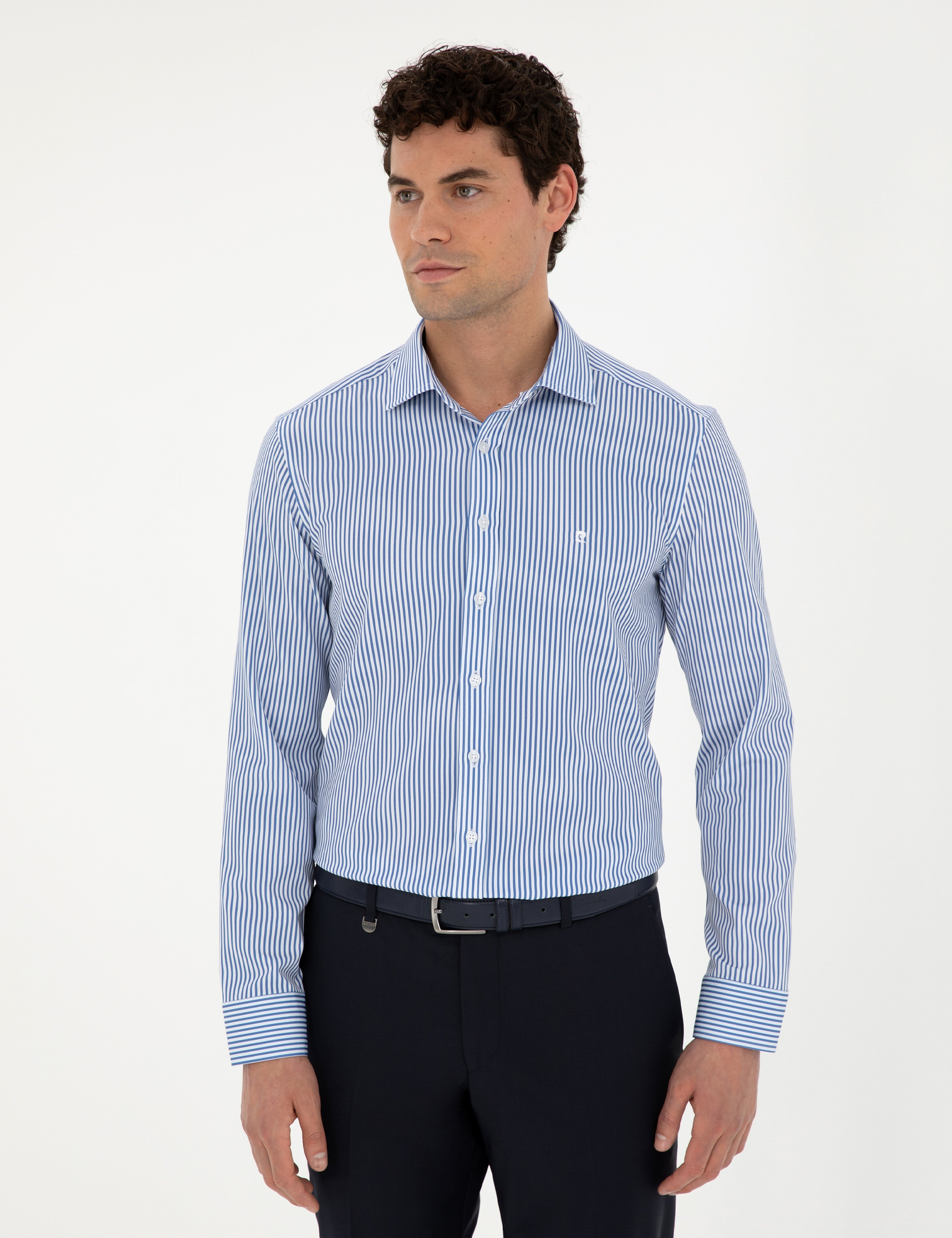 Mavi Çizgili Ekstra Slim Fit Uzun Kollu Gömlek