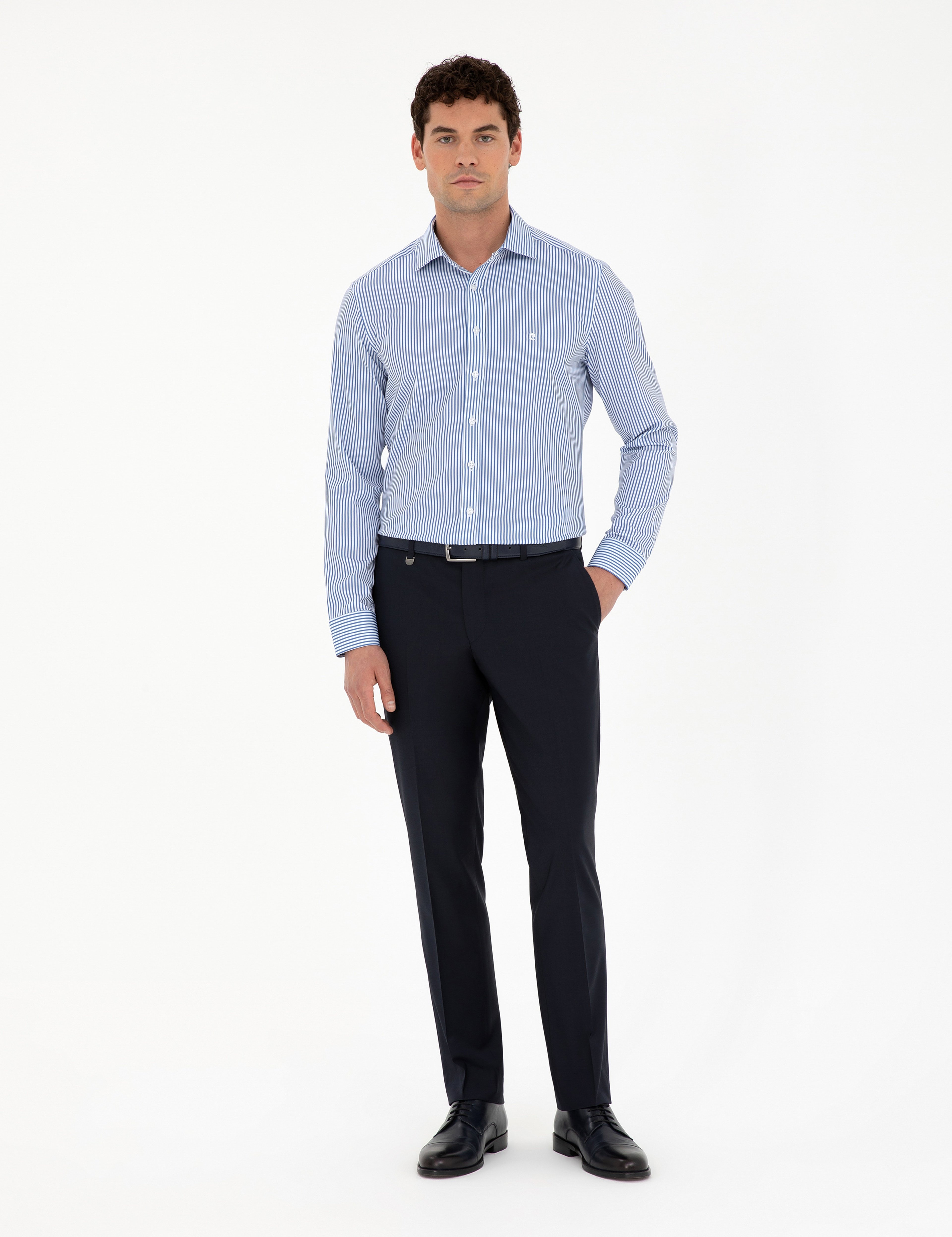 Mavi Çizgili Ekstra Slim Fit Uzun Kollu Gömlek - Image 4