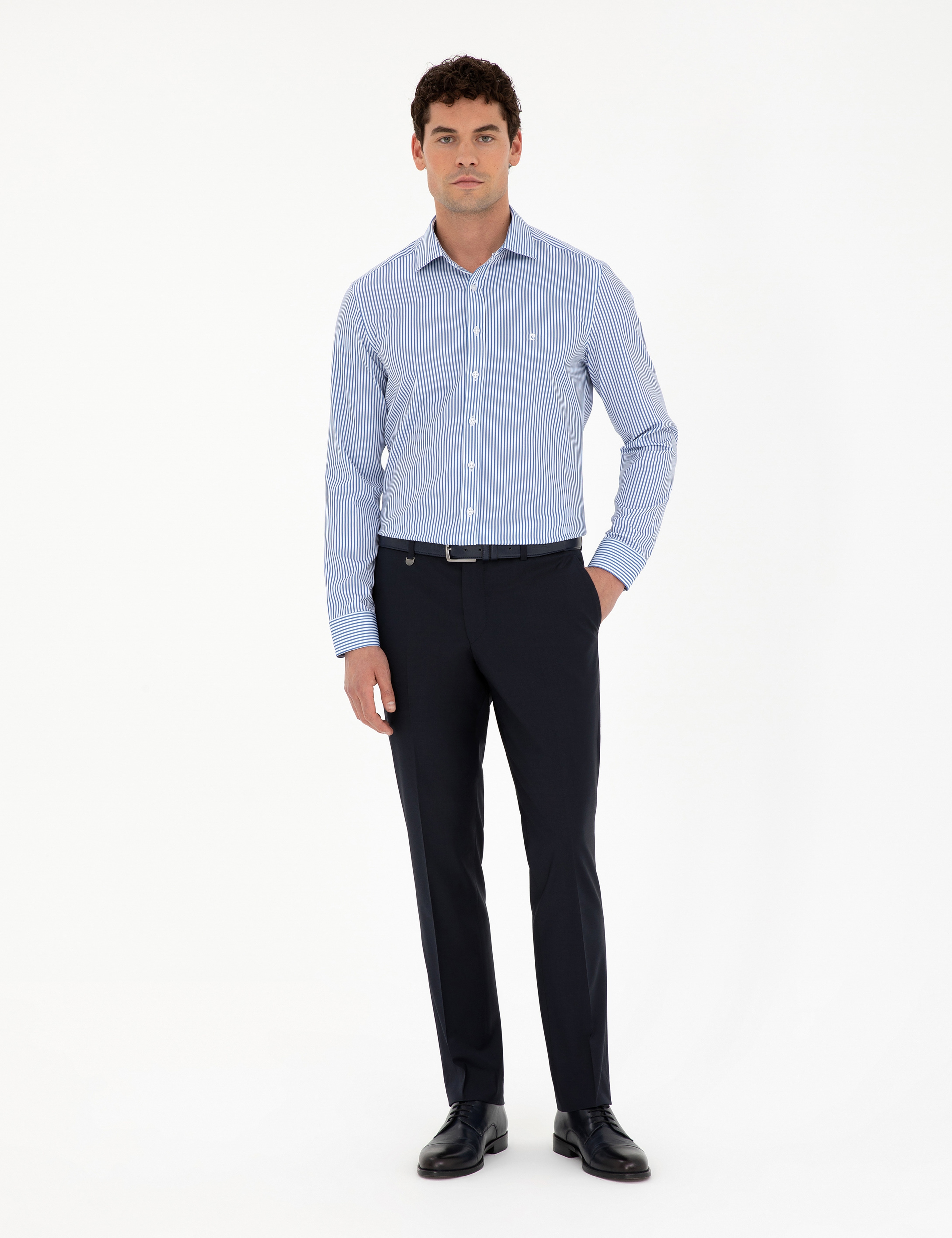 Mavi Çizgili Ekstra Slim Fit Uzun Kollu Gömlek