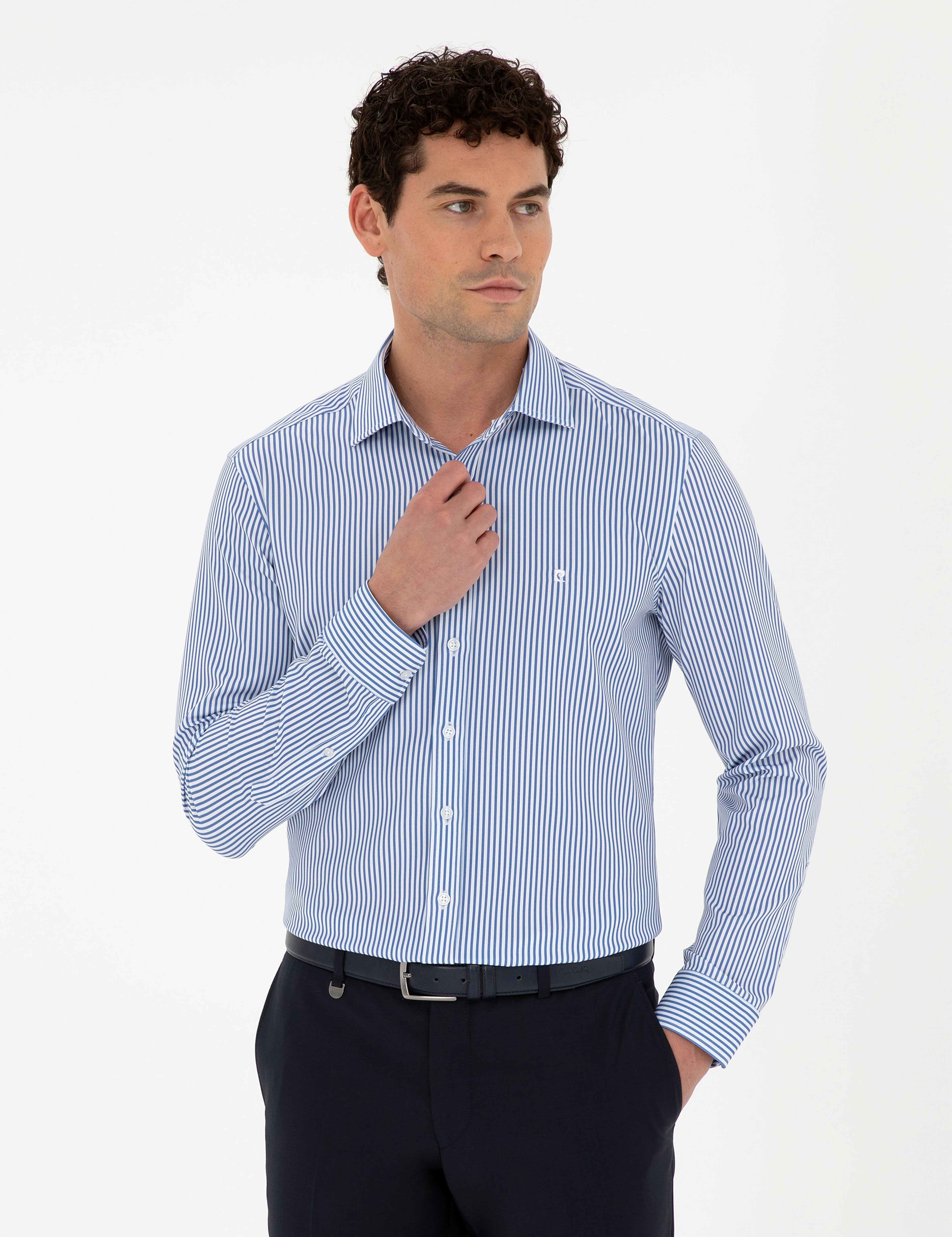 Mavi Çizgili Ekstra Slim Fit Uzun Kollu Gömlek