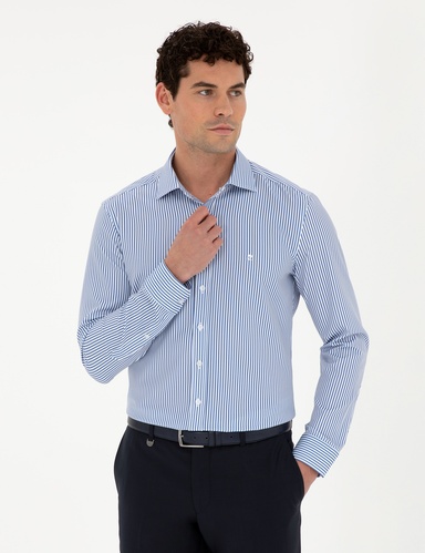 Mavi Çizgili Ekstra Slim Fit Uzun Kollu Gömlek