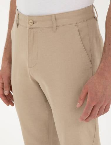 Bej Carrot Fit Keten Karışımlı Kanvas Pantolon