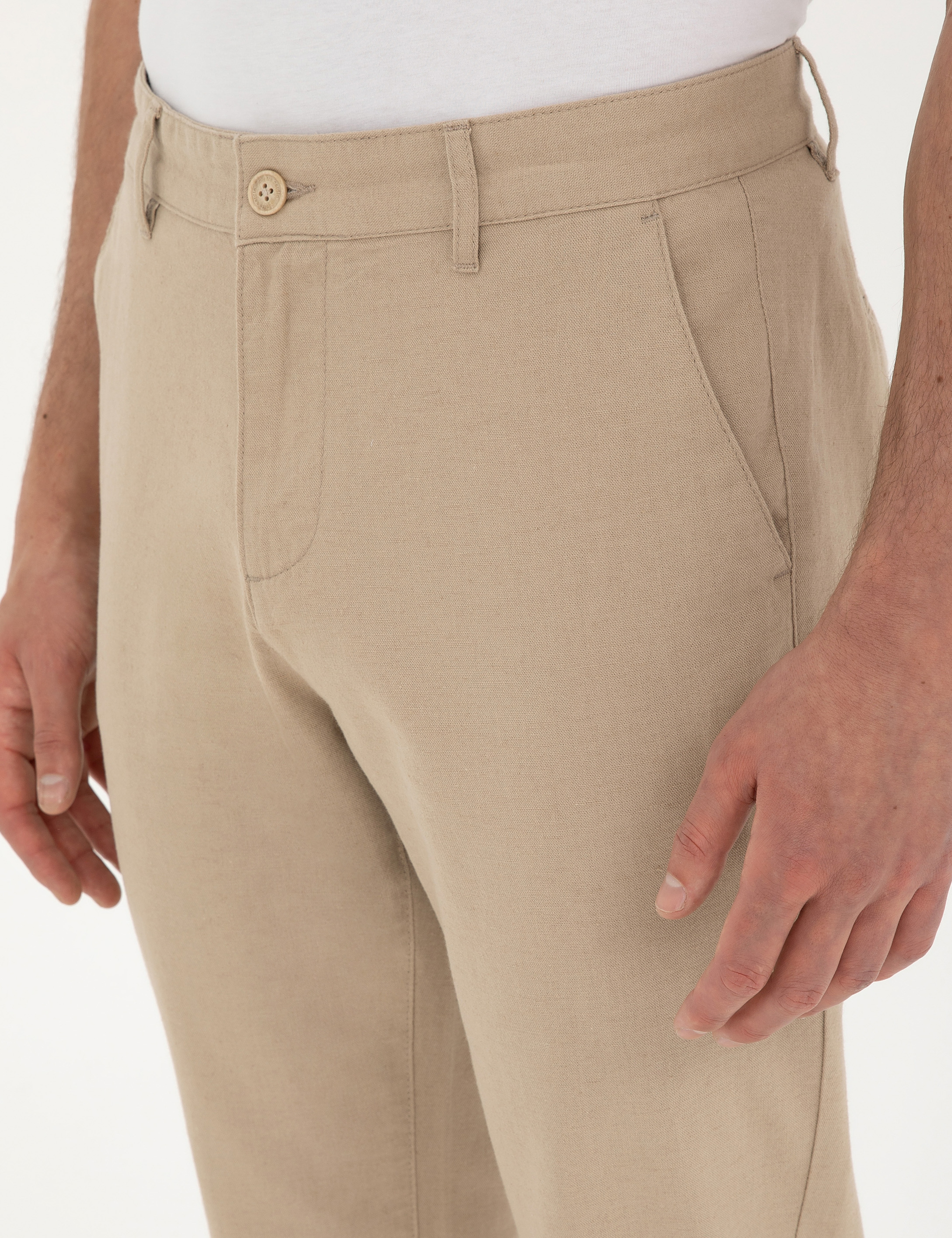 Bej Carrot Fit Keten Karışımlı Kanvas Pantolon - Image 5