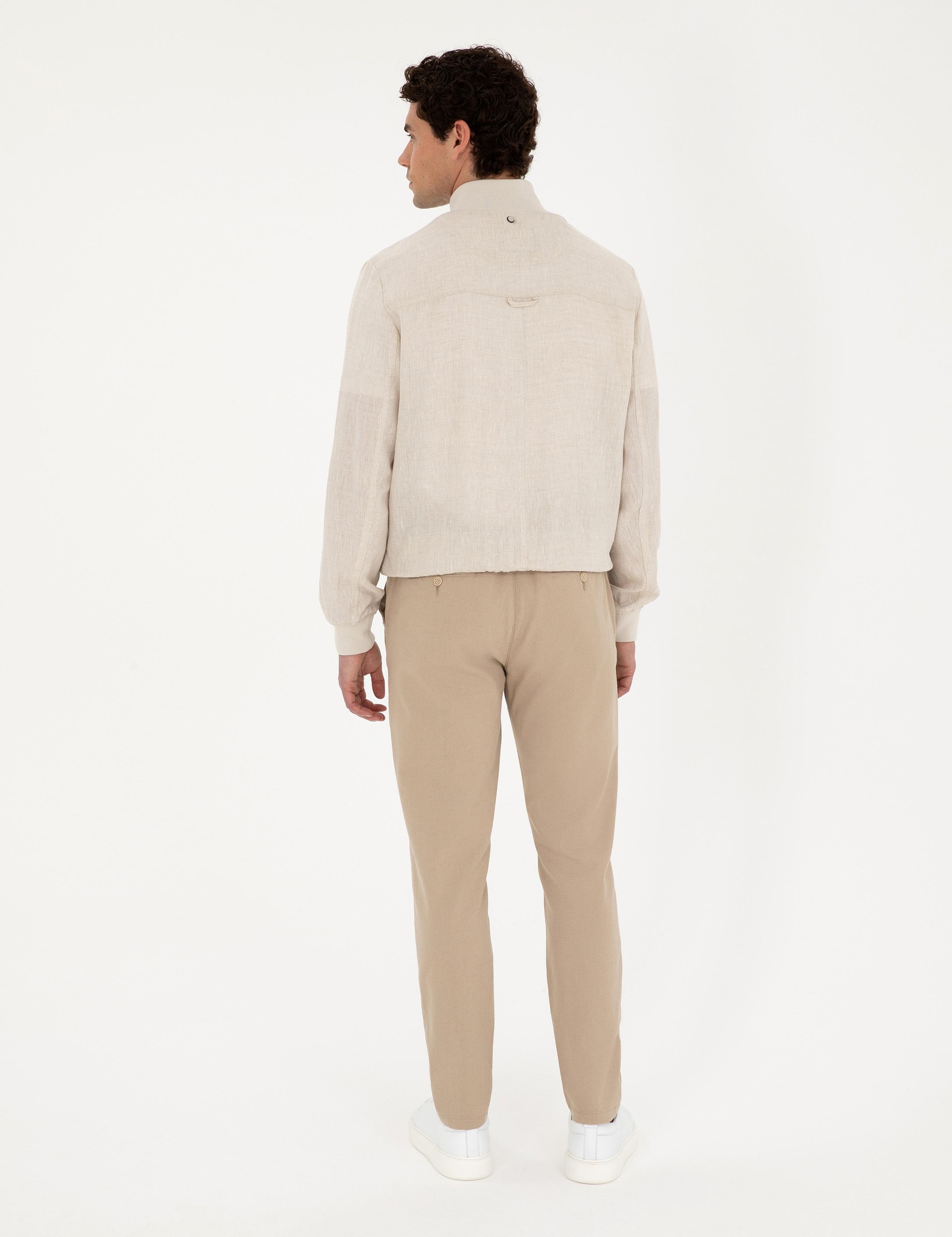 Bej Carrot Fit Keten Karışımlı Kanvas Pantolon