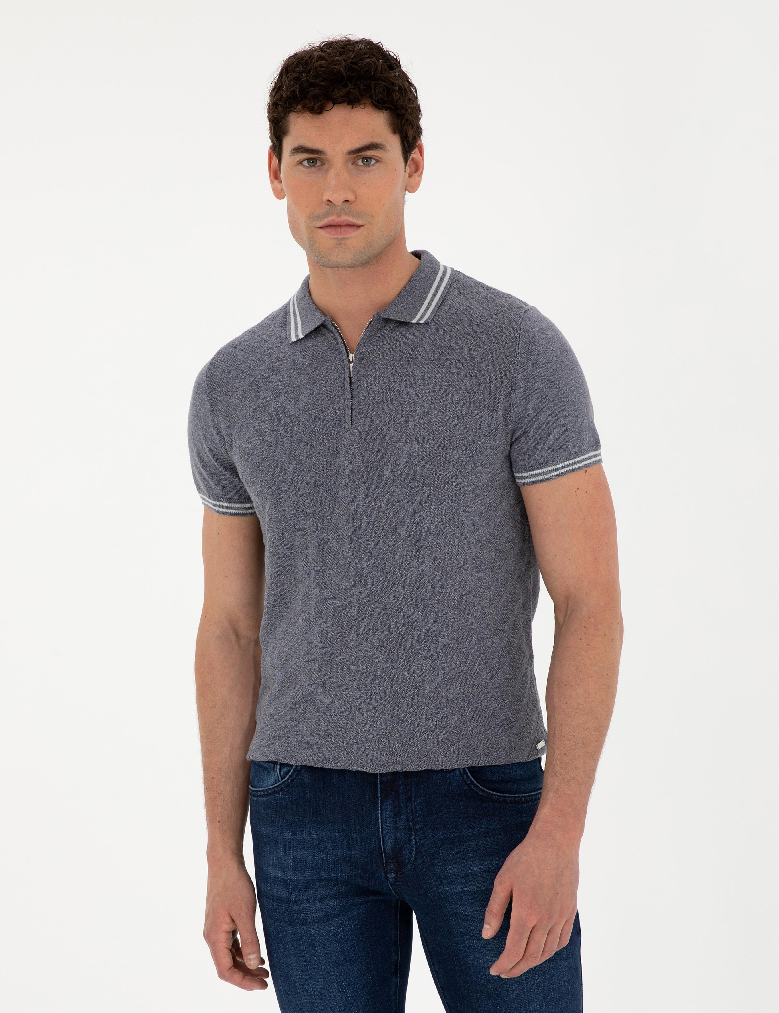 İndigo Slim Fit Fermuarlı Polo Yaka Keten Karışımlı Triko Tişört