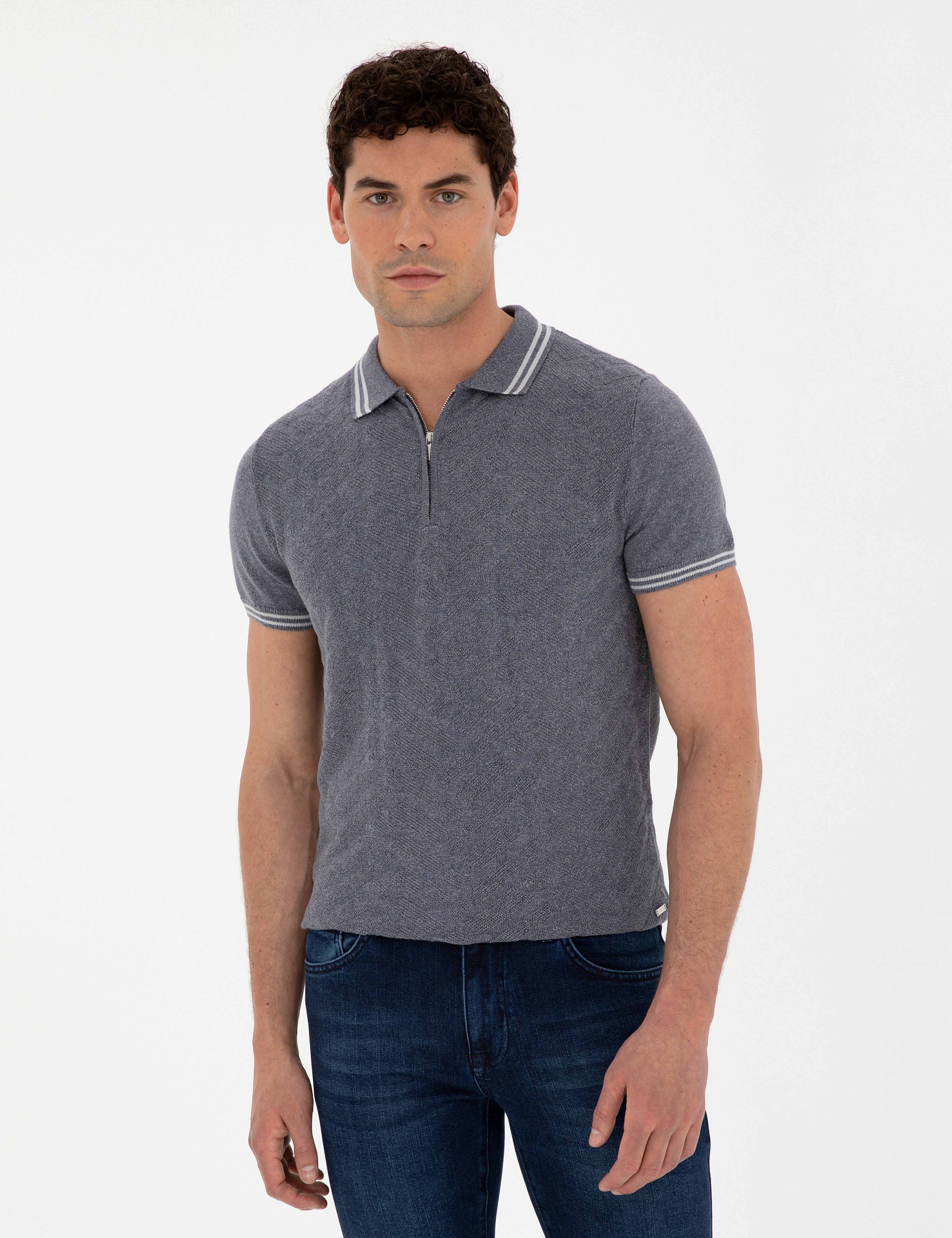 İndigo Slim Fit Fermuarlı Polo Yaka Keten Karışımlı Triko Tişört