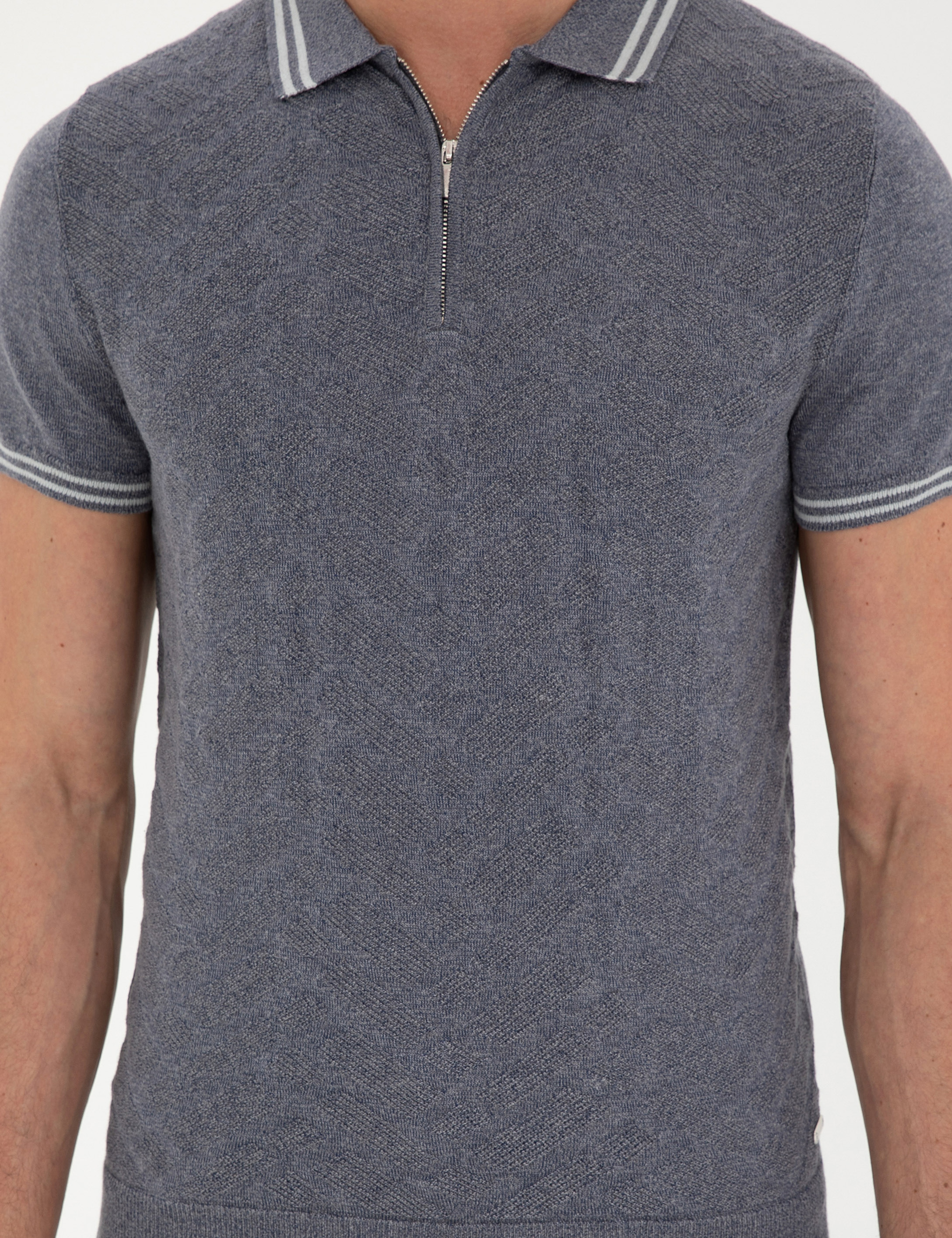 İndigo Slim Fit Fermuarlı Polo Yaka Keten Karışımlı Triko Tişört