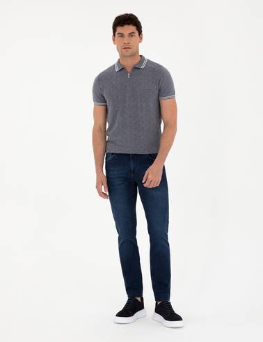 İndigo Slim Fit Fermuarlı Polo Yaka Keten Karışımlı Triko Tişört