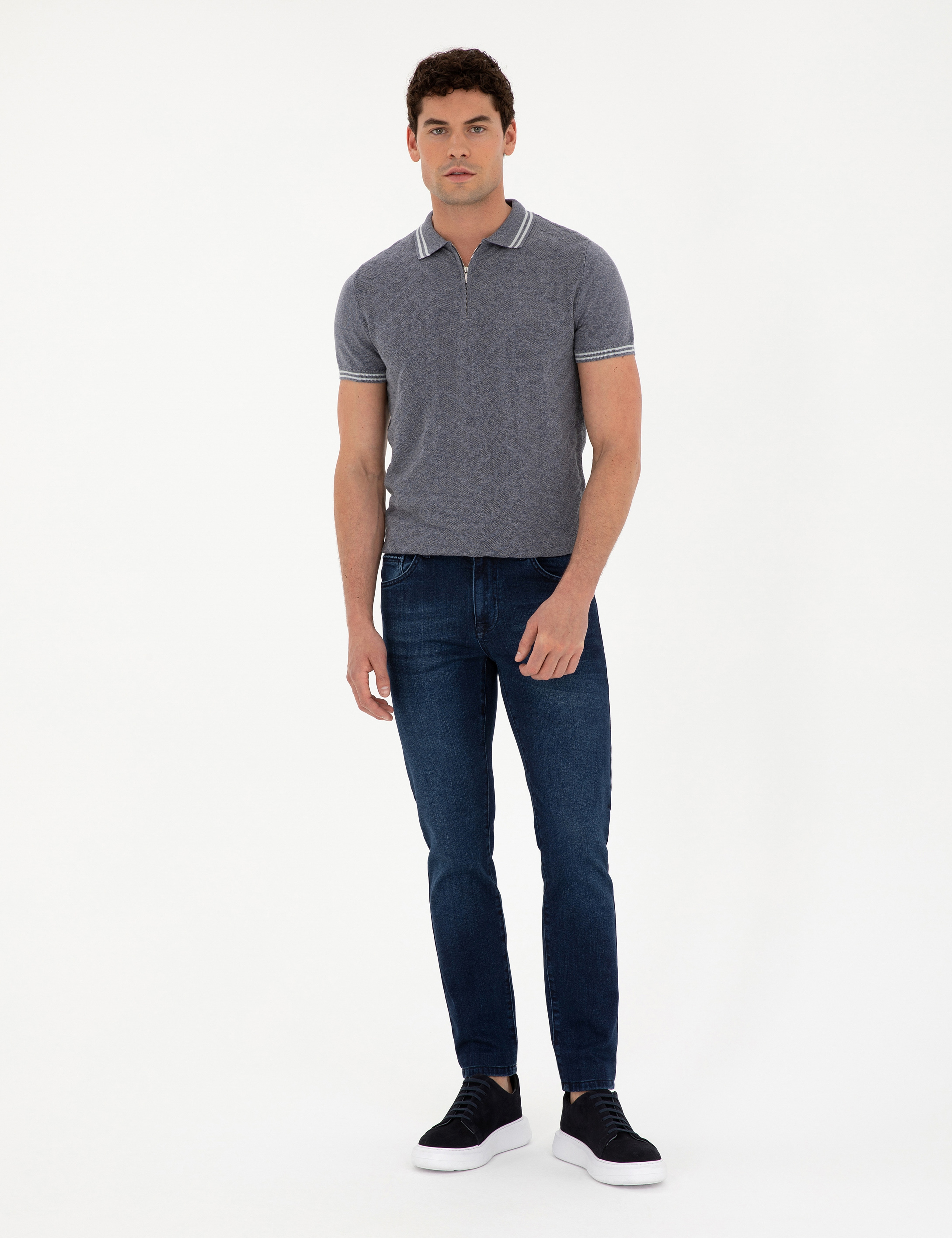 İndigo Slim Fit Fermuarlı Polo Yaka Keten Karışımlı Triko Tişört