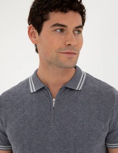 İndigo Slim Fit Fermuarlı Polo Yaka Keten Karışımlı Triko Tişört
