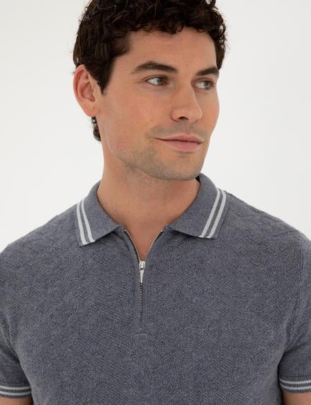 İndigo Slim Fit Fermuarlı Polo Yaka Keten Karışımlı Triko Tişört - 50288151001