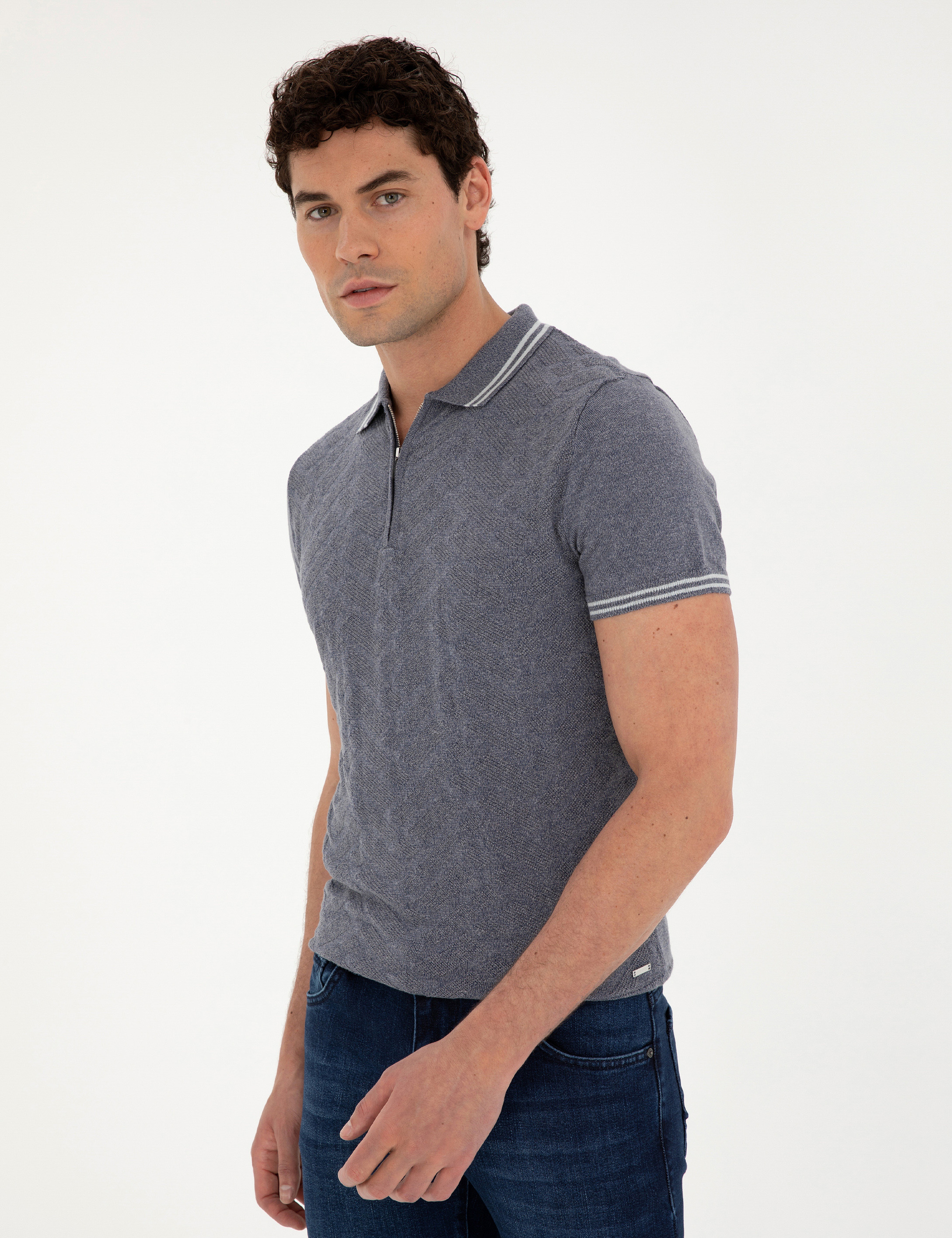 İndigo Slim Fit Fermuarlı Polo Yaka Keten Karışımlı Triko Tişört - Image 3