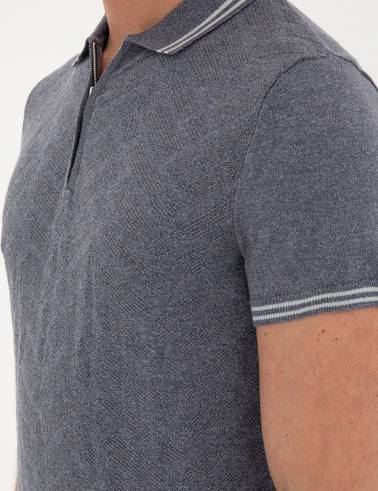 İndigo Slim Fit Fermuarlı Polo Yaka Keten Karışımlı Triko Tişört
