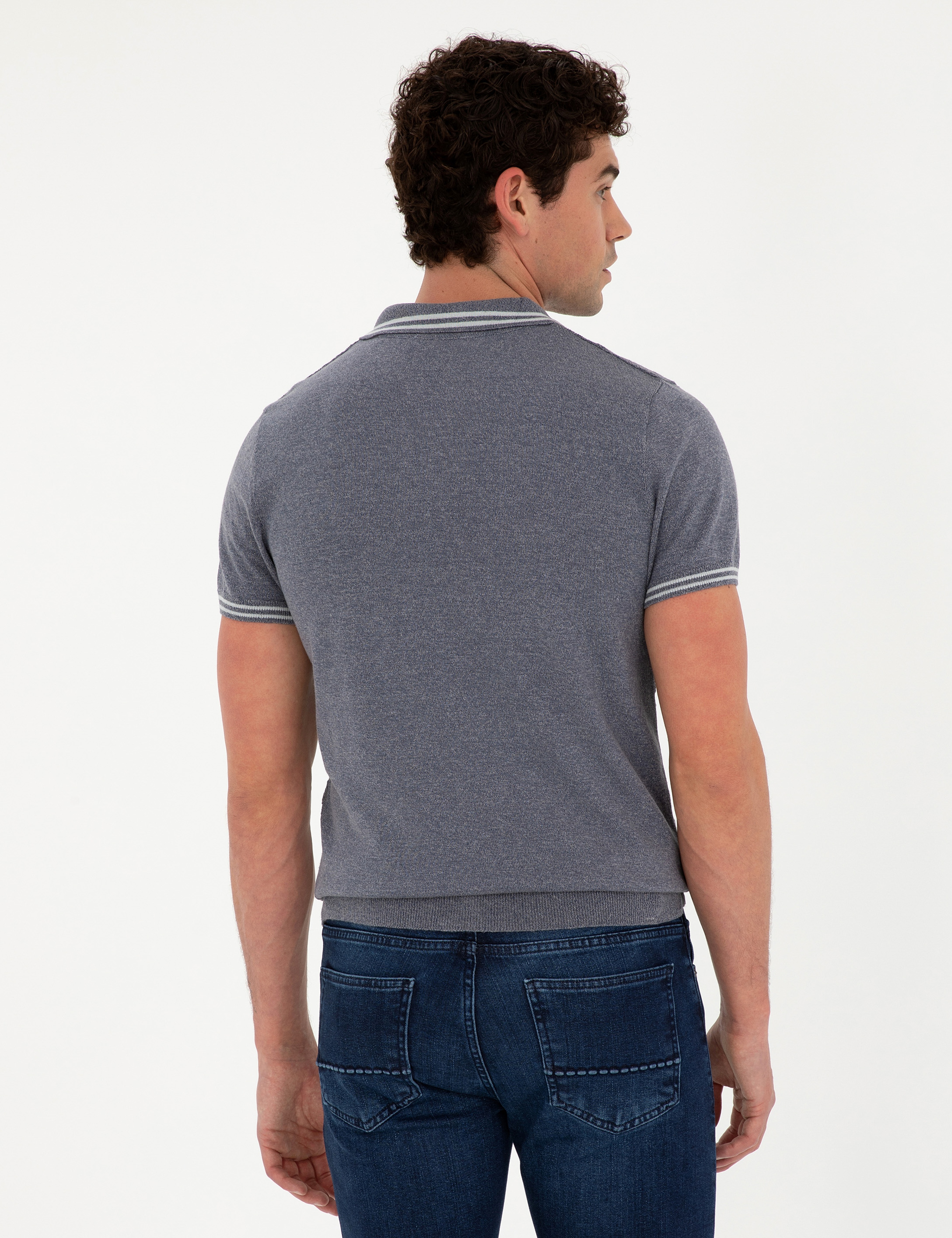 İndigo Slim Fit Fermuarlı Polo Yaka Keten Karışımlı Triko Tişört