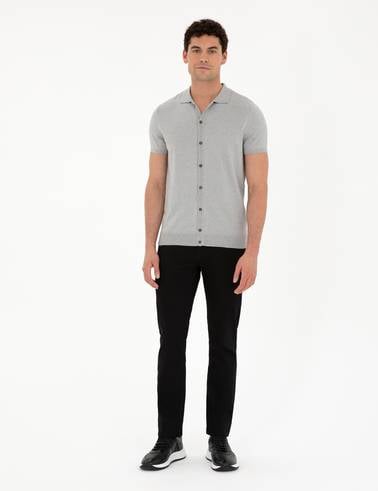 Açık Gri Slim Fit Düğmeli Polo Yaka Keten Karışımlı Triko Tişört