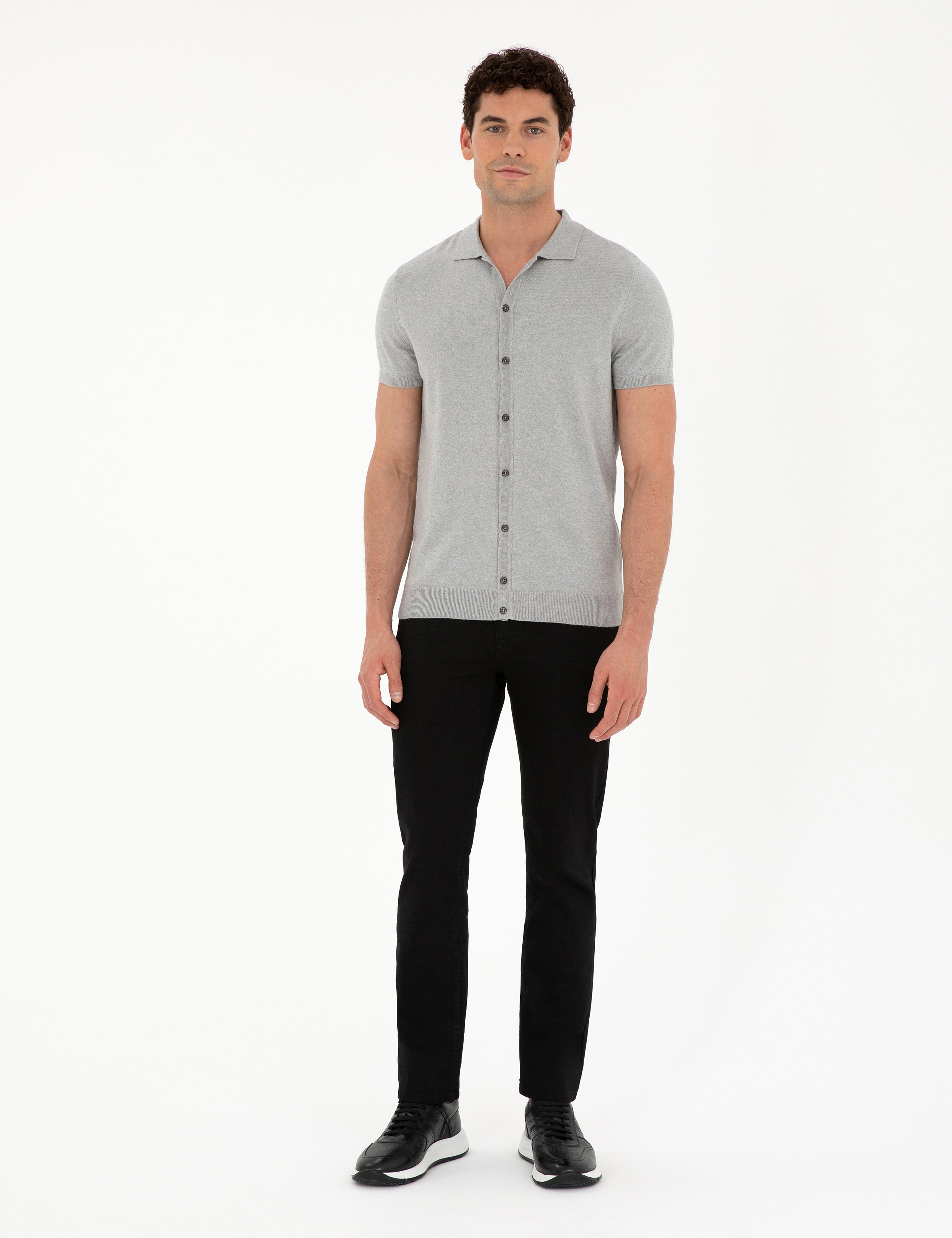 Açık Gri Slim Fit Düğmeli Polo Yaka Keten Karışımlı Triko Tişört - Image 4