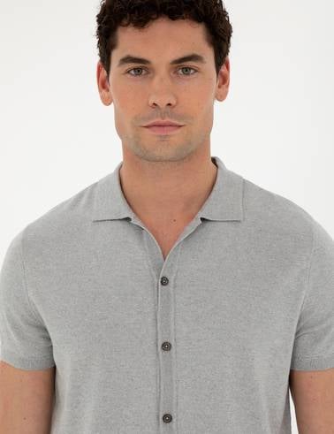 Açık Gri Slim Fit Düğmeli Polo Yaka Keten Karışımlı Triko Tişört