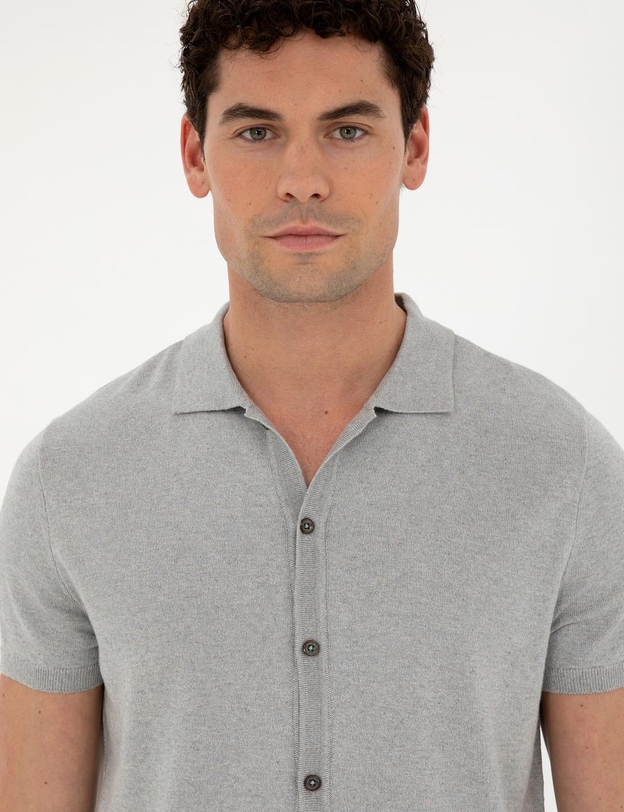 Açık Gri Slim Fit Düğmeli Polo Yaka Keten Karışımlı Triko Tişört