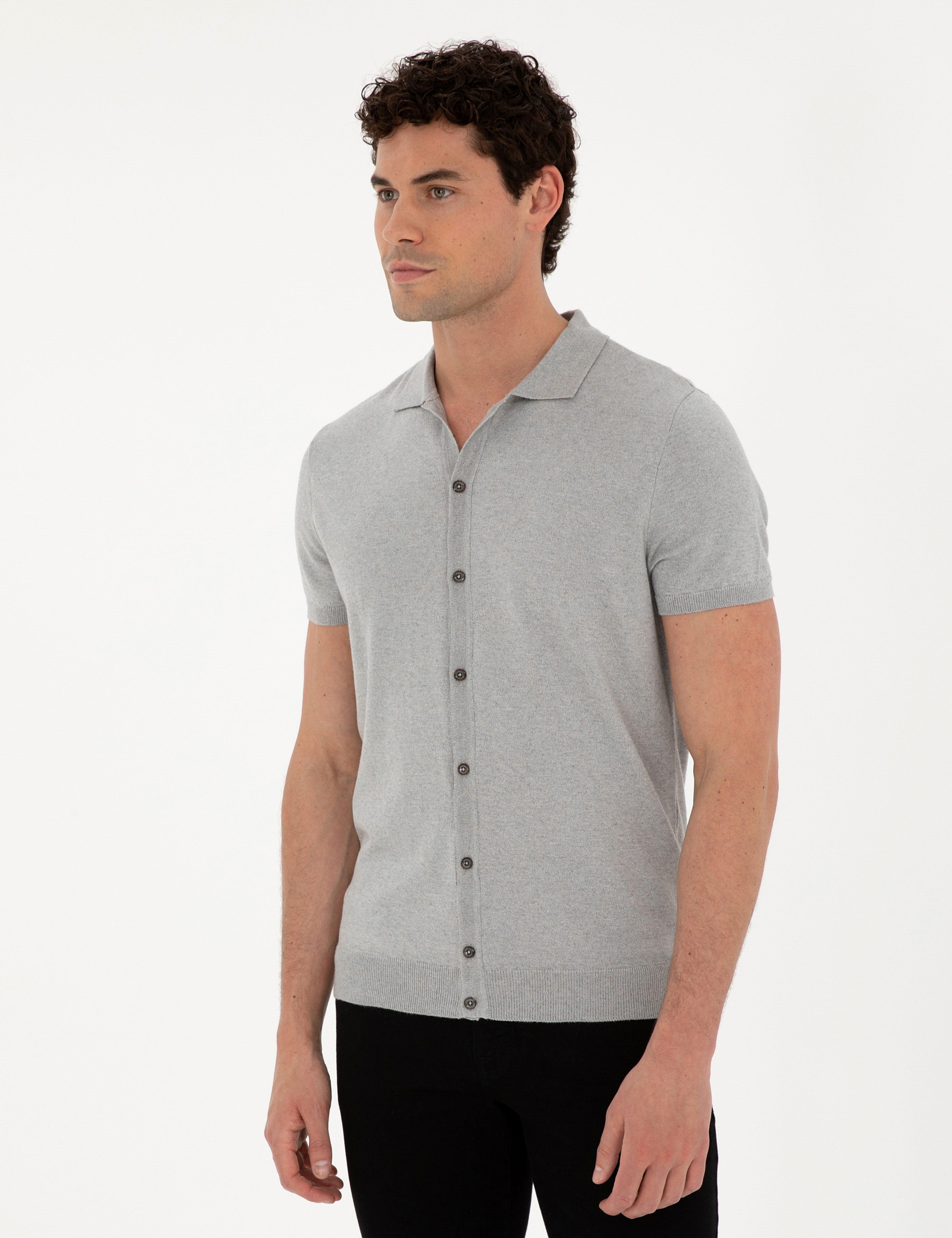Açık Gri Slim Fit Düğmeli Polo Yaka Keten Karışımlı Triko Tişört - Image 1