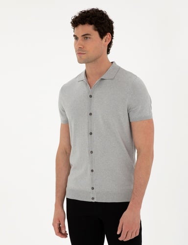 Açık Gri Slim Fit Düğmeli Polo Yaka Keten Karışımlı Triko Tişört